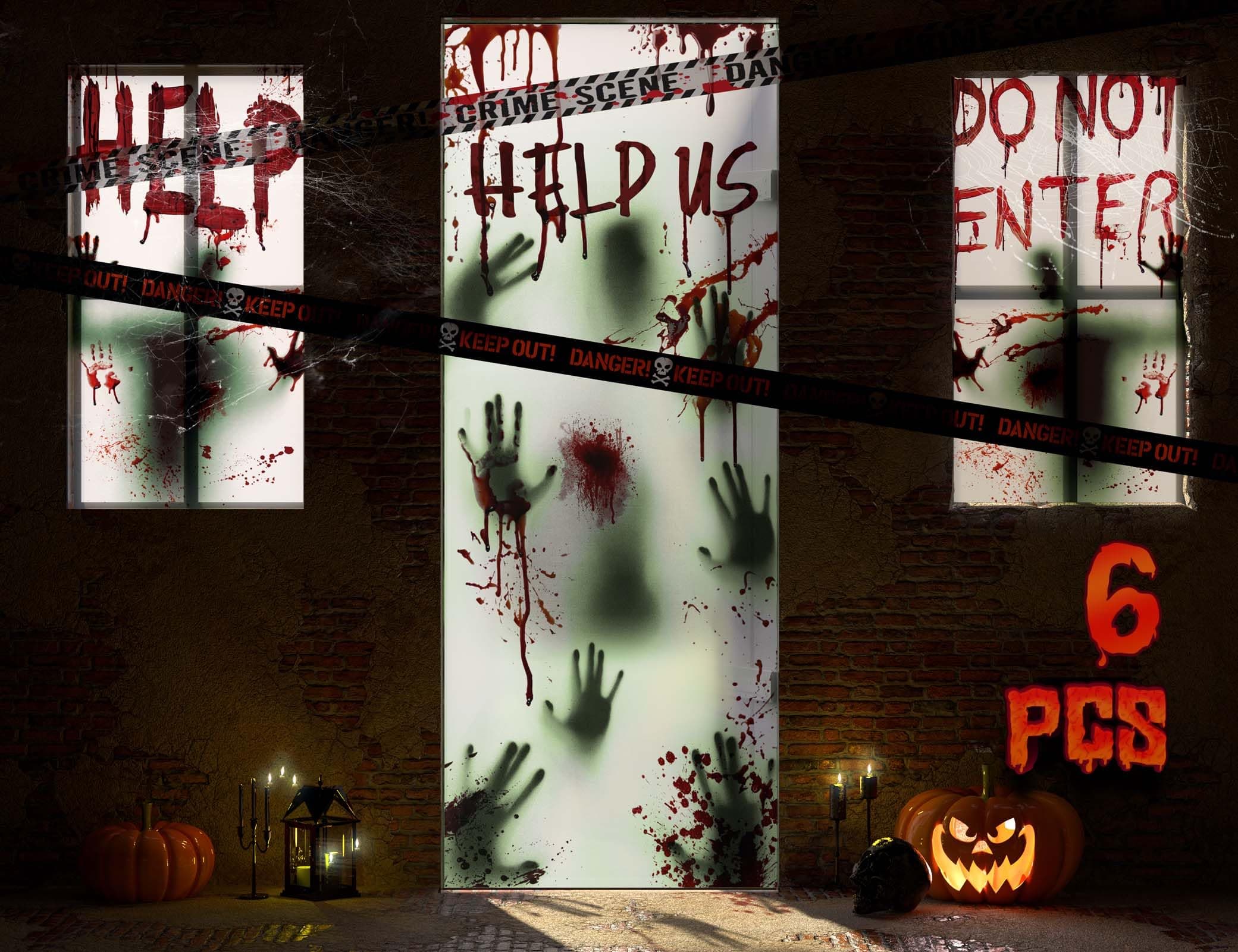 6Pcs Halloween Window Door Decoration Covers Set, Includes 4Pcs 60x30” Window Clings&2Pcs 80x36” Door Posters with Scary Bloody Handprints, Indoor and Outdoor Décor for Party