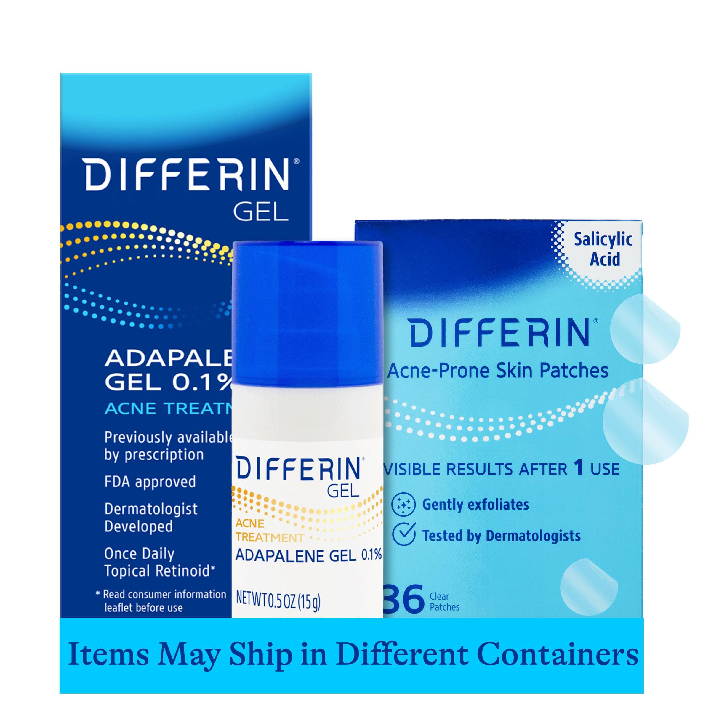 Differin Acne Treatment Gel and Differin Patch Set: 36 Power Patches, 18 large and 18 small patches for acne-prone skin and A30 day retinoid treatment with 0.1% Adapalene pump, Mother's Day Gifts