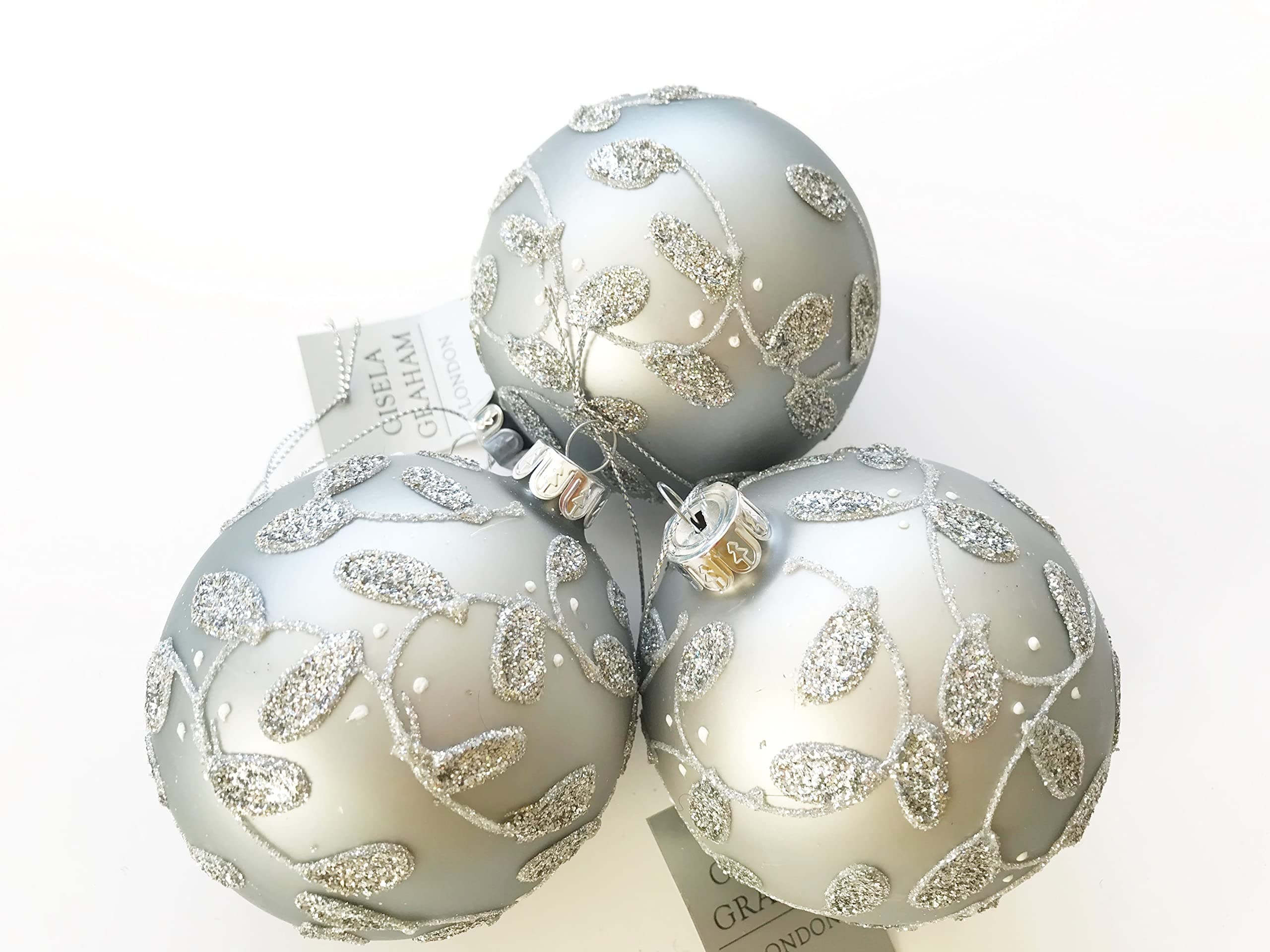 Set of 3 Matt Silver with embossed glitter vine Christmas Tree Baubles Decorations