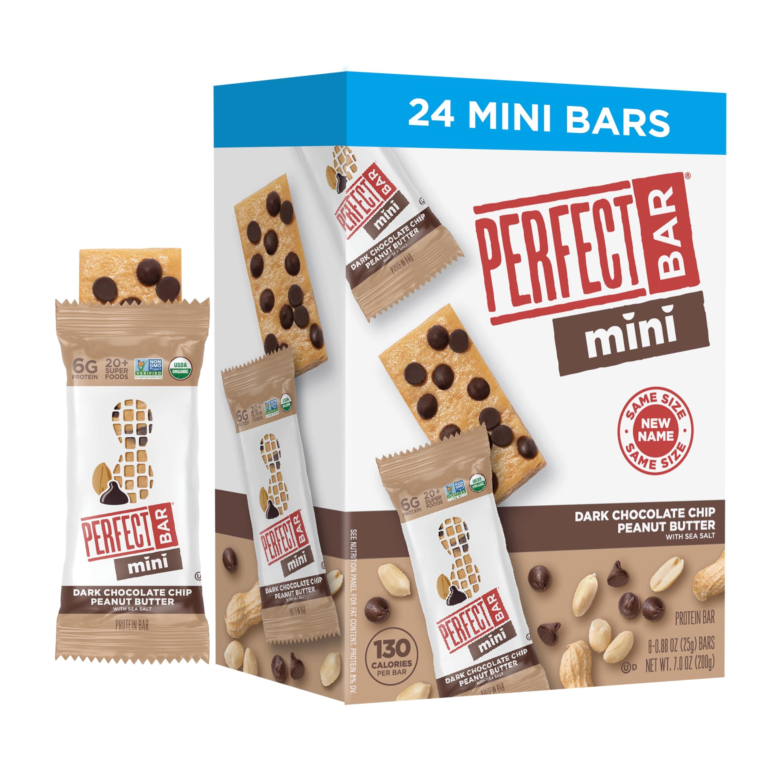 Perfect Bar Mini, Dark Chocolate Chip Peanut Butter Protein Bar, Protein Snack, Snack Bar, Organic, Gluten Free, Soy Free, Non GMO, No Sugar Alcohols, .88 Ounce Bar, 24 Count