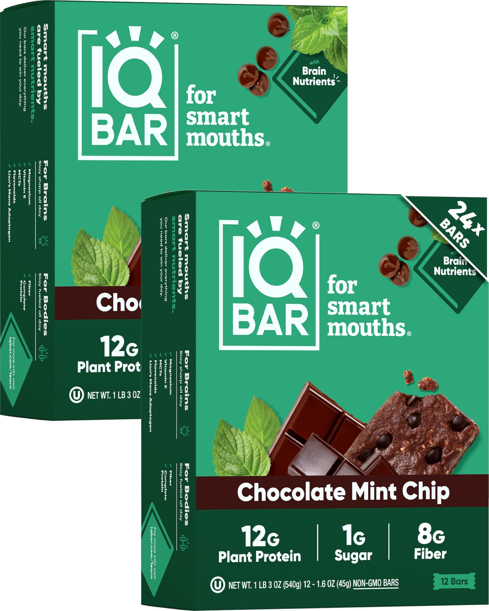 IQBAR Brain and Body Keto Protein Bars - Chocolate Mint Chip - 24-Count Energy Bars - Low Carb/Sugar - High Fiber Meal Replacement Bars - Vegan Snacks