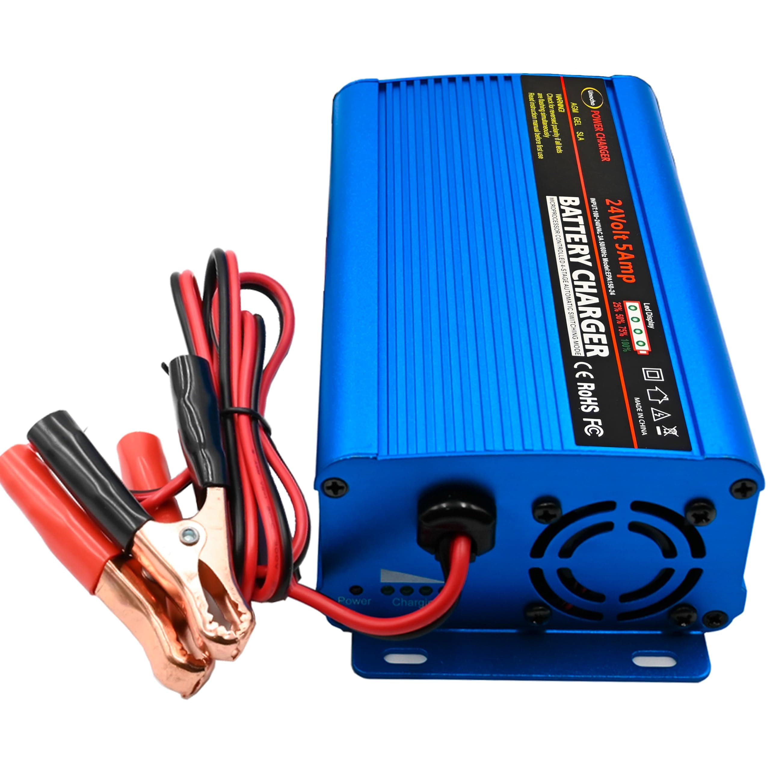 24V Battery Charger Automatic Smart Battery Charger Maintainer 5A Trickle Charger and I/O Switch with Alligator Clips for Charging AGM Gel Lead-Acid Batteries