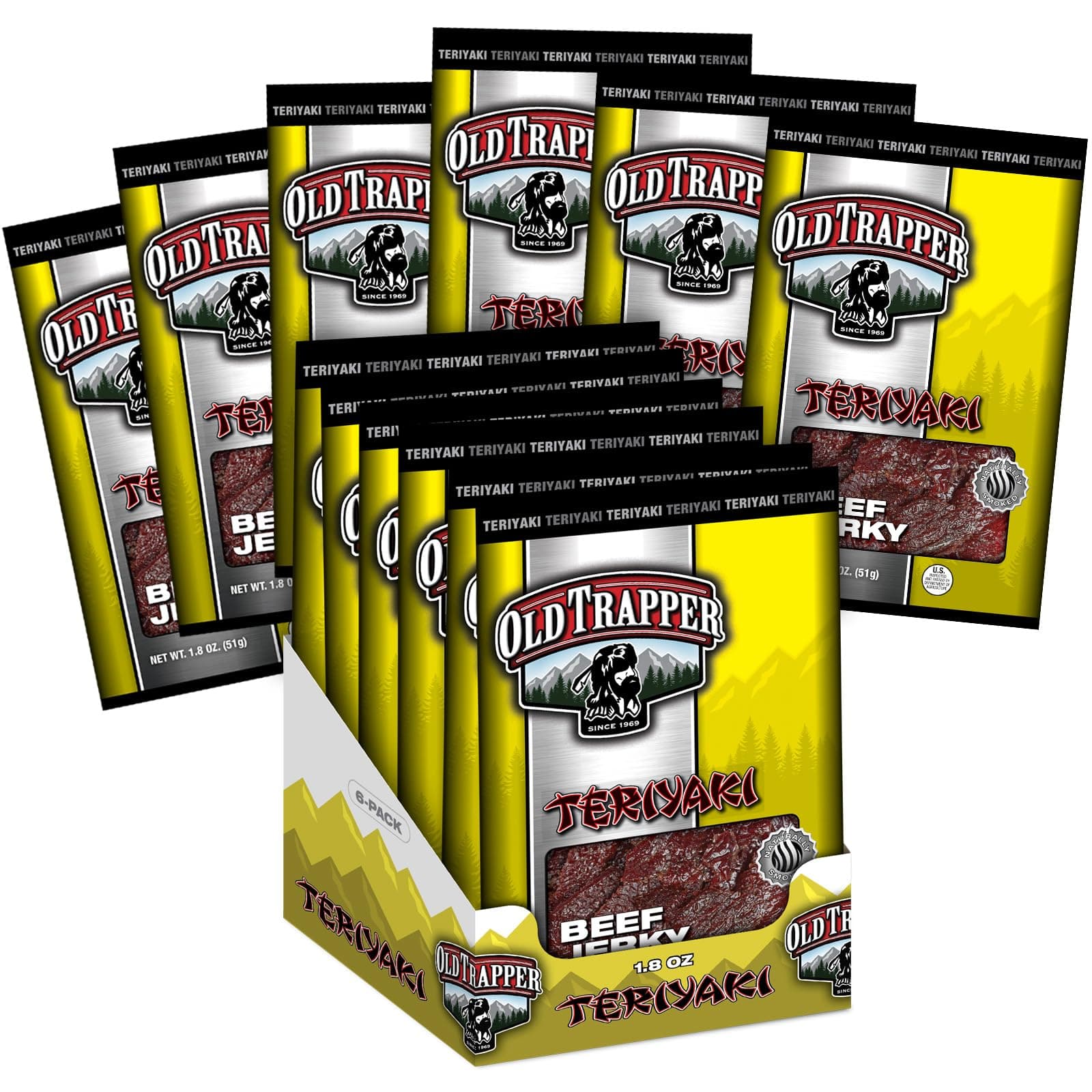 Old Trapper Beef Jerky, Teriyaki Flavor, 1.8-Ounce Individual Packs, Great Size for Quick Snacking, 11 Grams of Protein and Zero Grams of Fat Per Serving (Pack of Six)