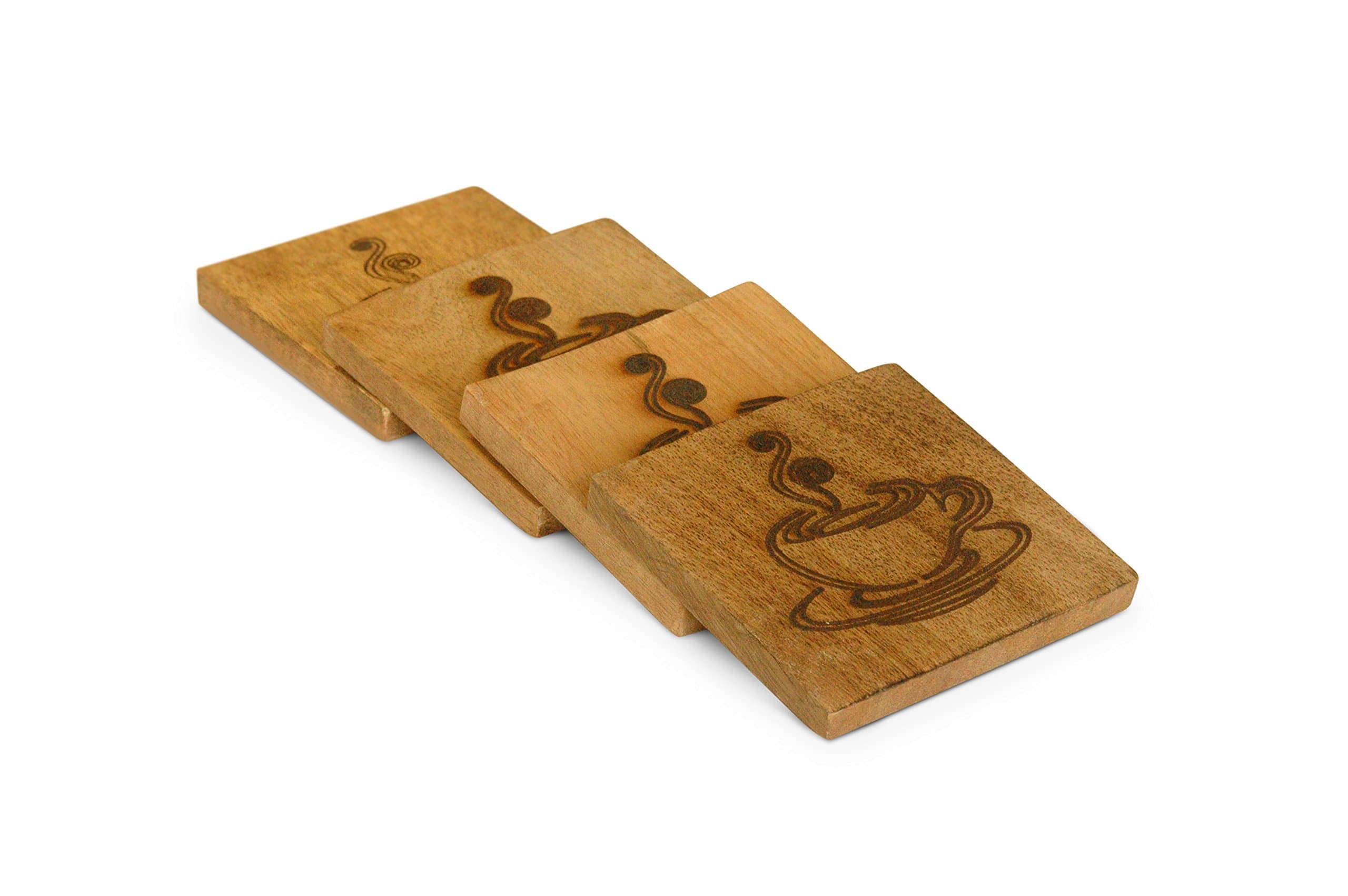 LASER Precision Carved Coffee Cup Wooden Coaster Set of 4 (Coffee Cup)