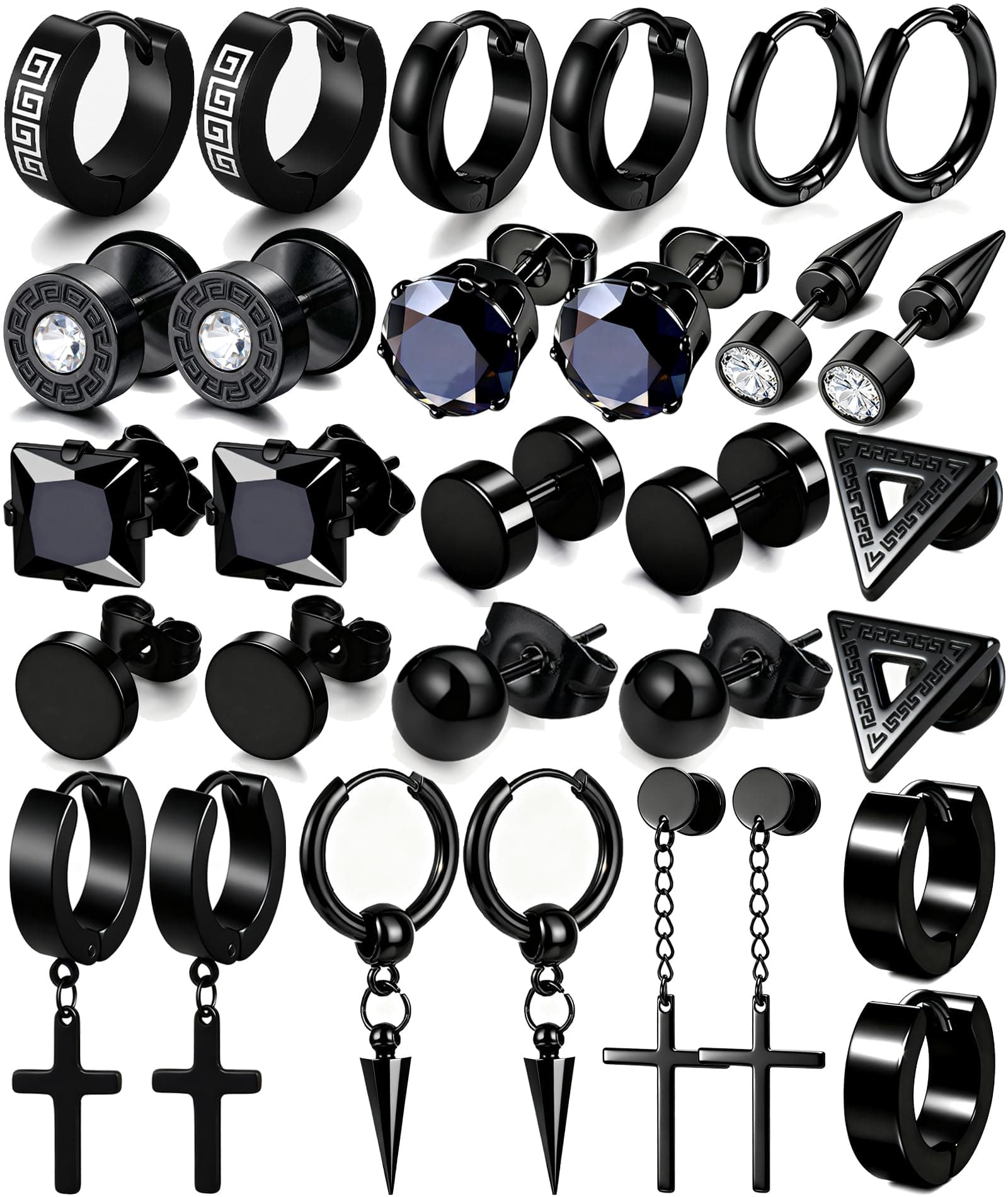 15 Pairs Earrings for Men, Stainless Steel Earrings Stud Kit for Men Women Fashion Piercing Jewelry Cross Dangle Hoop Earrings Set