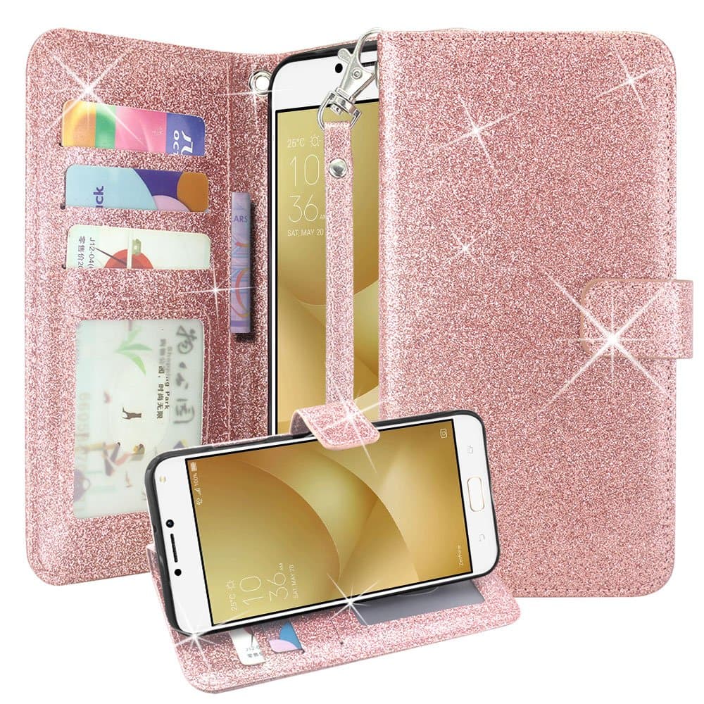 Asus Zenfone V Case, Lacass Glitter Shiny Luxury PU Leather Flip Pouch Wallet Case Cover with Card Slots and Wrist Strap for Asus ZenFone V V520KL (5.2") - Rose Gold
