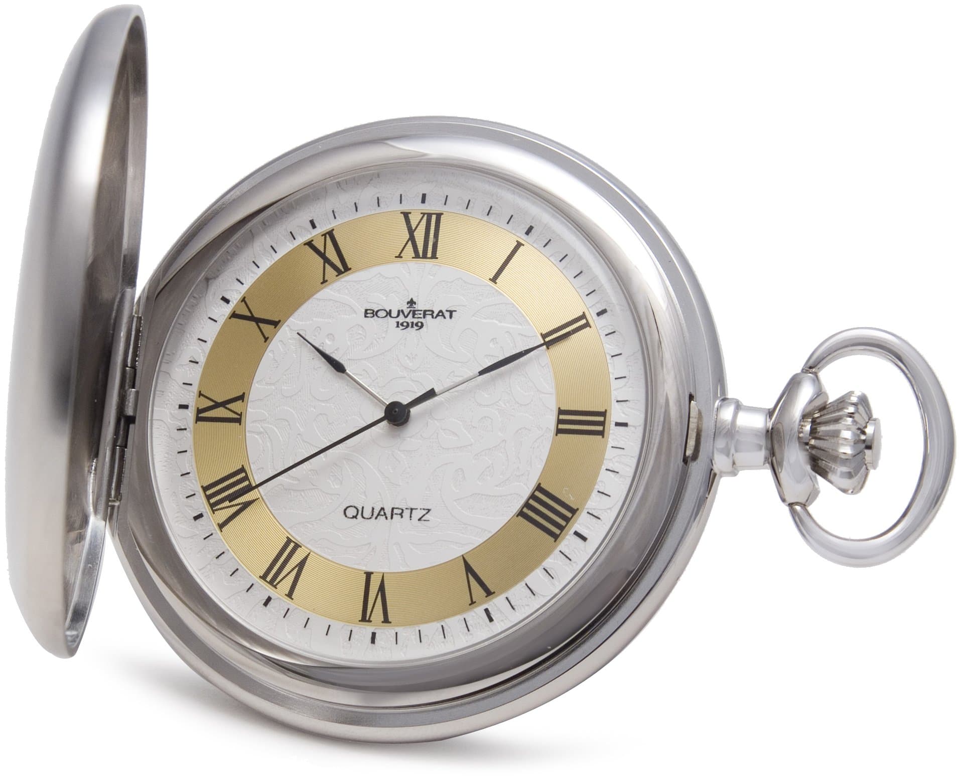 Bouverat 1919 Brushed Satin Case Full Hunter Quartz Roman Pocket Watch with Silver Dial BV821201