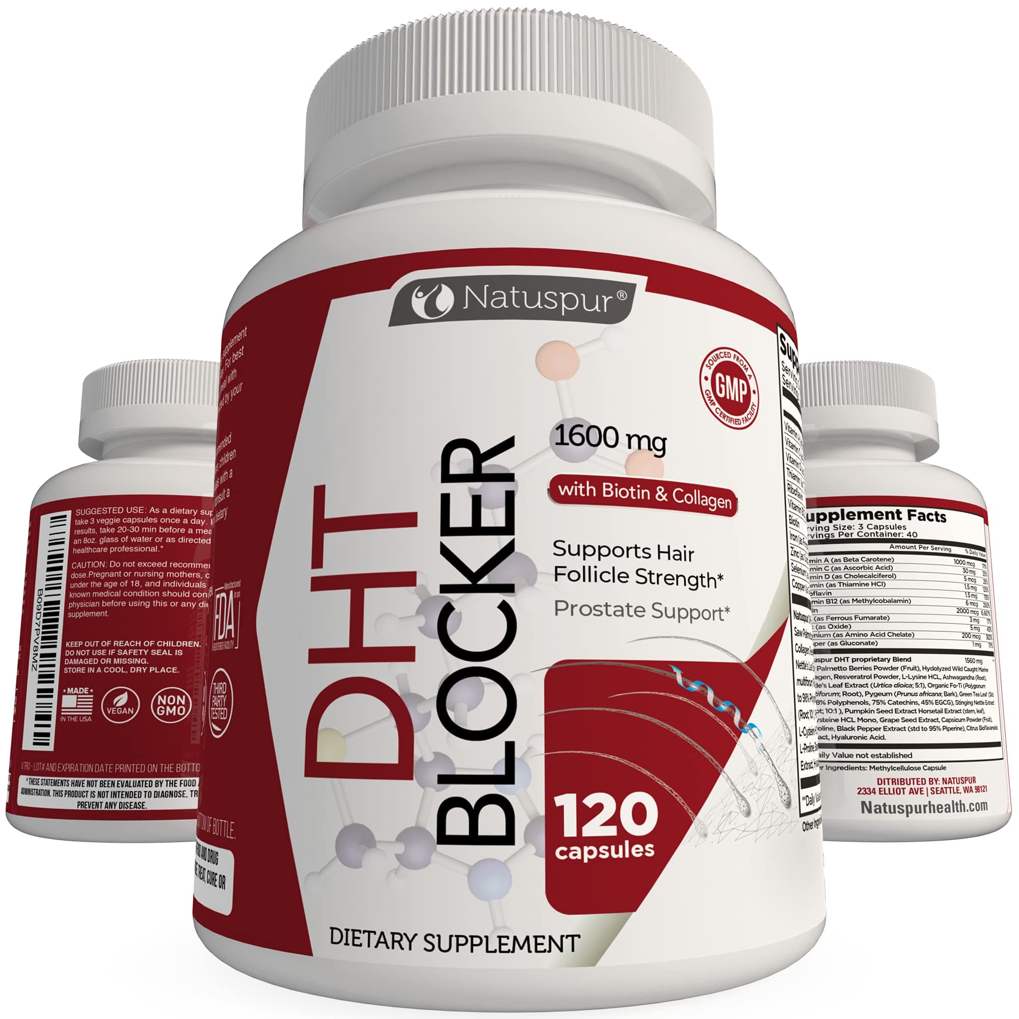 DHT Blocker Hair Growth Support Supplement, with Organic Saw Palmetto, Green Tea Extract, Biotin & Collagen for Hair Loss & Boosts Hair Regrowth for Men & Women - Gluten-Free, Vegetarian