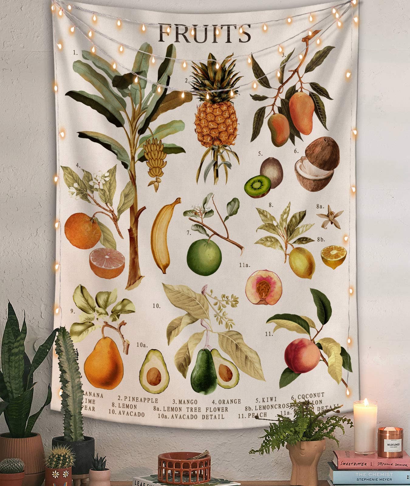Lifeel Fruits Vertical Tapestry Wall Hanging, Illustrative Reference Chart Tapestry With Word, Beige White Vintage Tarot Flag Straight Tapestry 44×60 inches