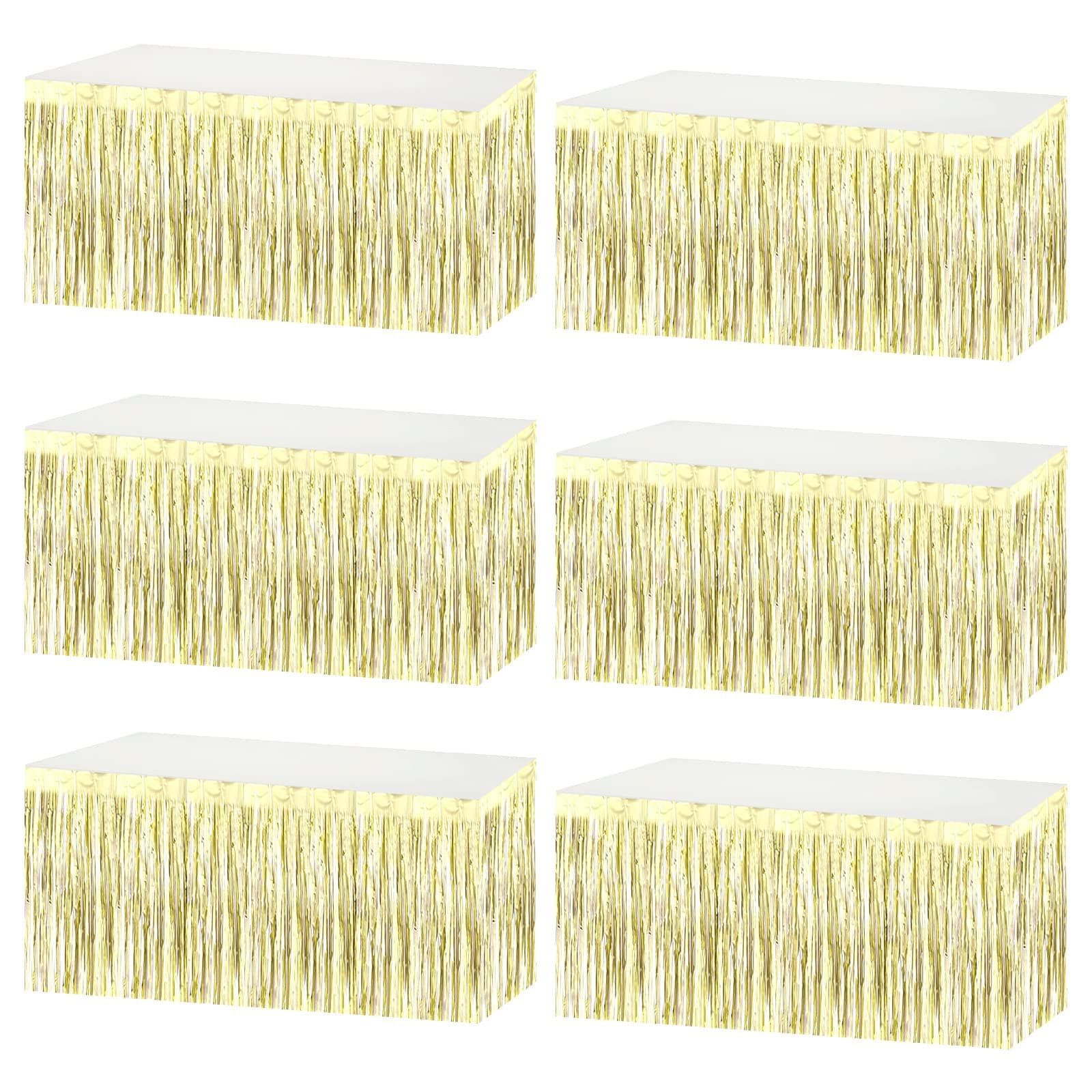 6 Pack 29x108 Inch Metallic Foil Fringe Tinsel Table Skirts Banner for Rectangle Tables Streamer Garland Backdrop for Wedding, Birthday, Parade Floats, Halloween Party Decoration(Light Gold)