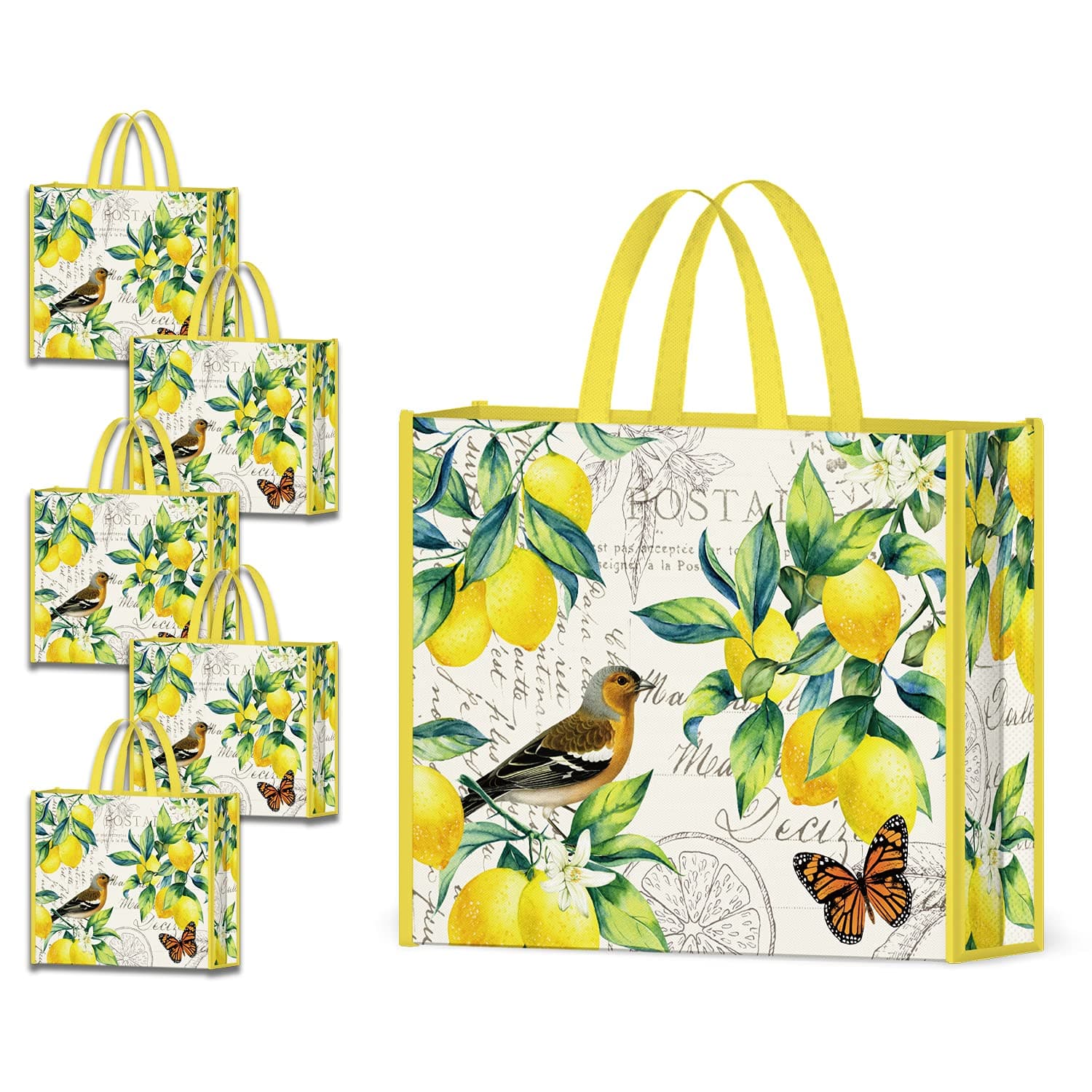 NymphFableNymphFable 5 Pack Reusable Shopping Bags Lemons Bird Butterfly Washable Grocery Bags Fabric Tote Bag