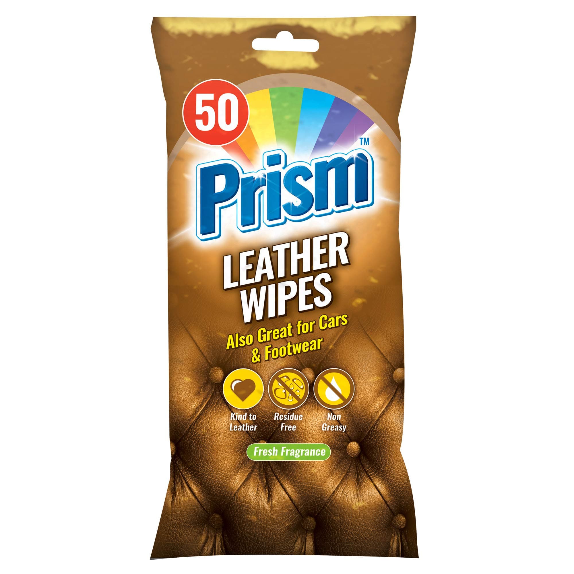Prism 50pk Leather Cleaning Wipes | Non-Greasy Wipes for Shoes, Furniture Leather Upholstery | Clean, Protect, Retain Colour