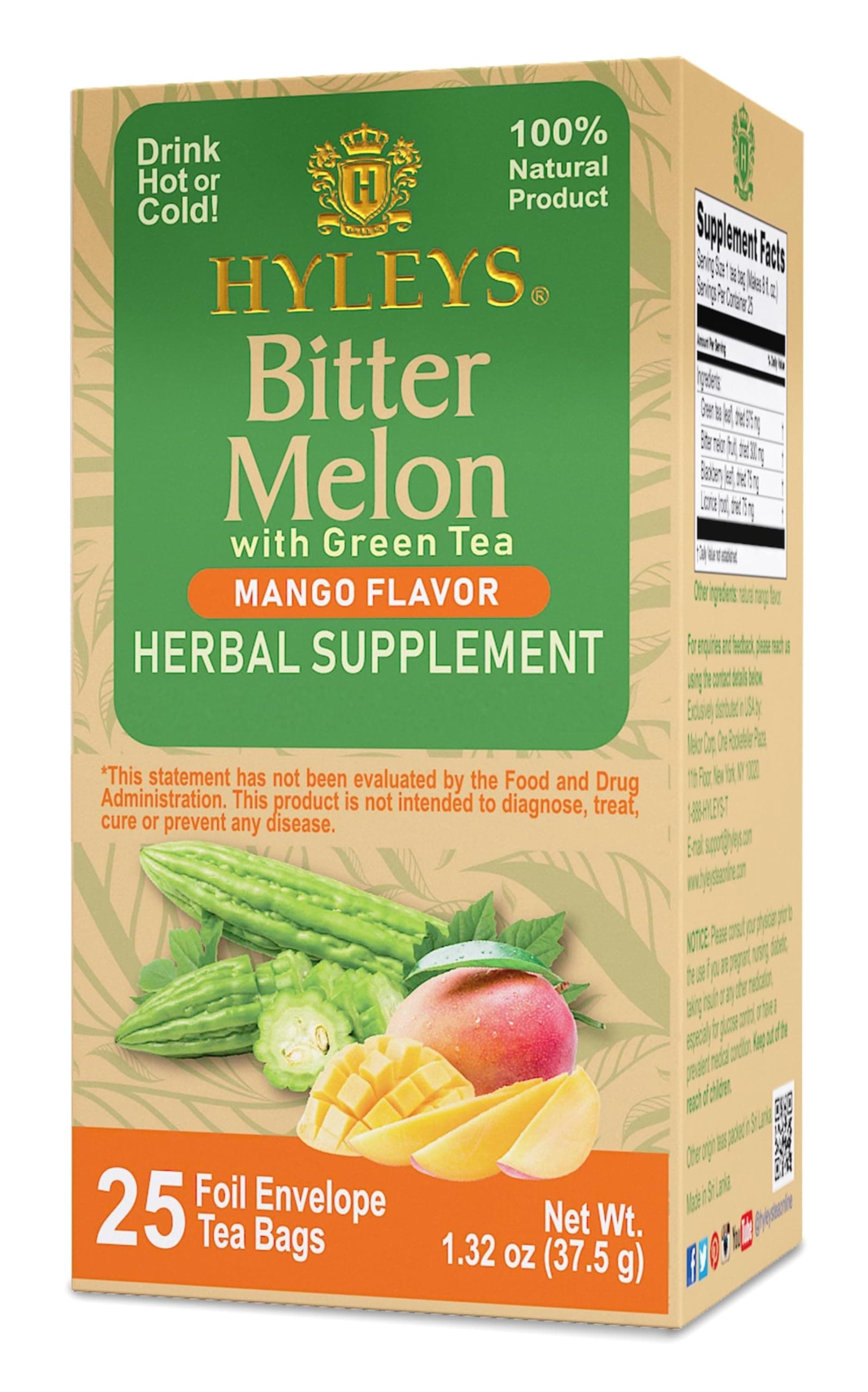 Hyleys Bitter Melon with Green Tea - Mango Flavor - 25 Tea Bags - Supports Healthy Liver Function - Herbal Supplement