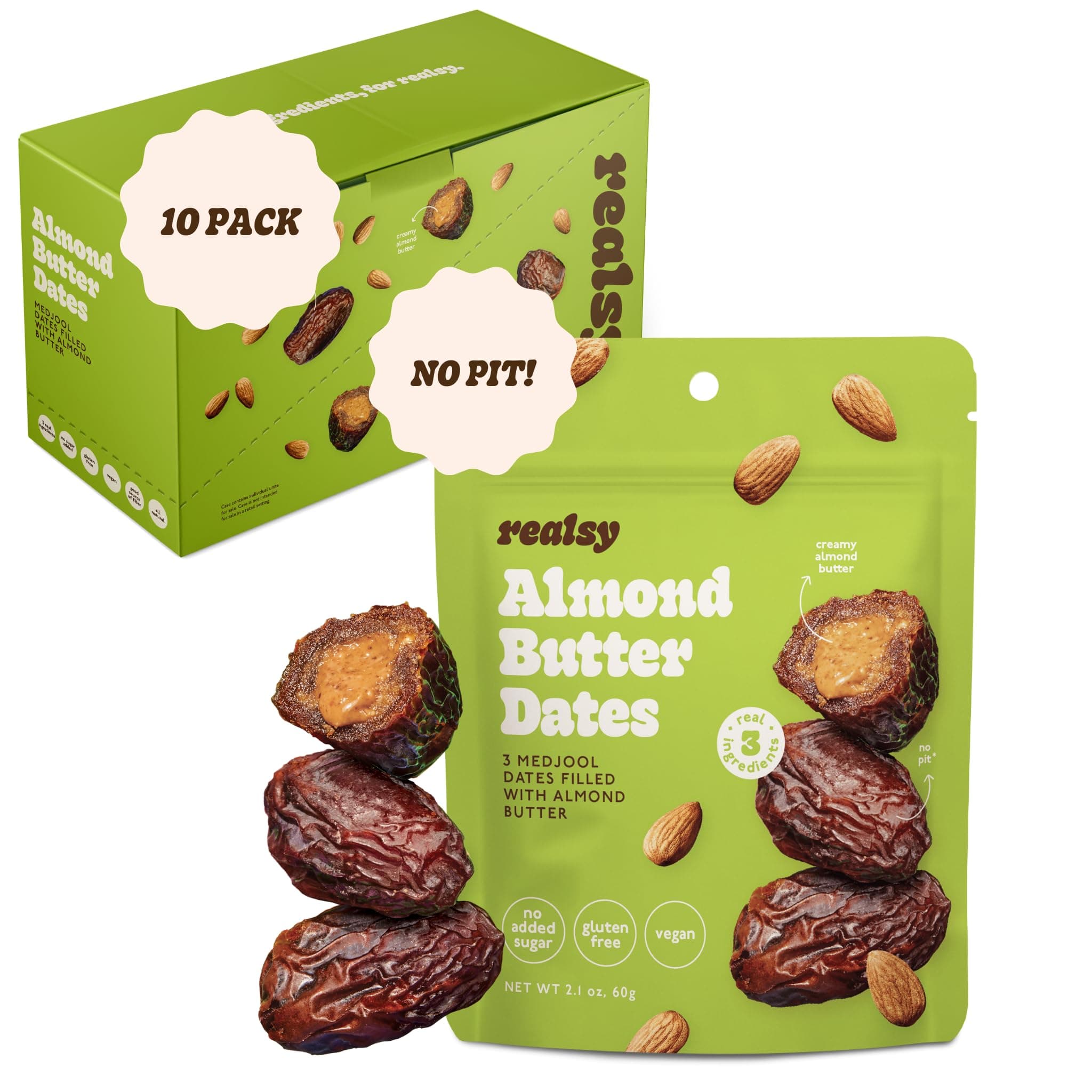 - Realsy Almond Butter Stuffed Medjool Dates, Organic Dates with No Sugar Added, Gluten-Free, Vegan, Good Source of Fiber, Low Glycemic Index, All Natural Healthy Snack, (10 Pack)