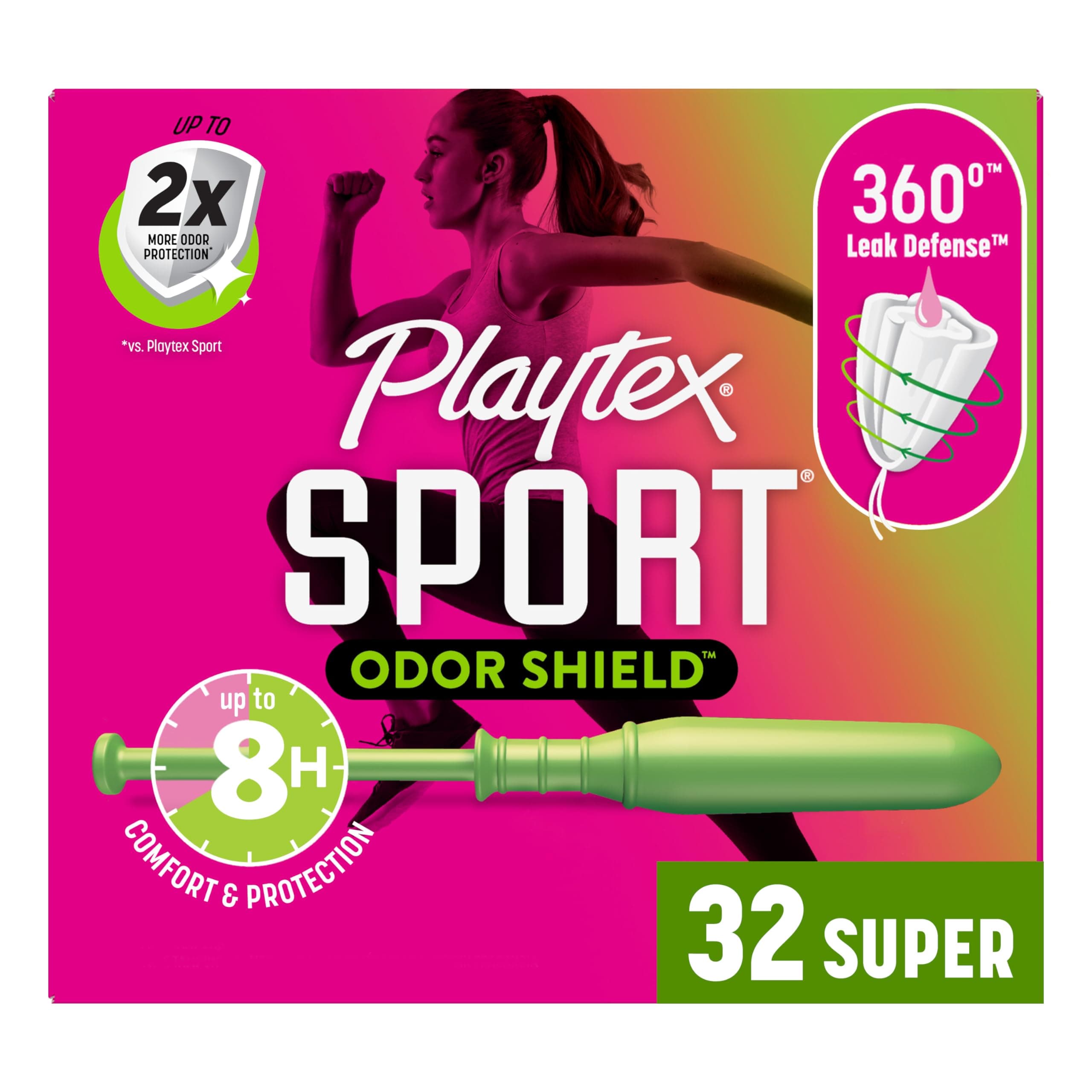 Sport Odor Shield Tampons Super Absorbency, Unscented - 32ct | Super Tampons for Women, Feminine Care, Playtex Tampon with 360 Leak Defense and Odor Control