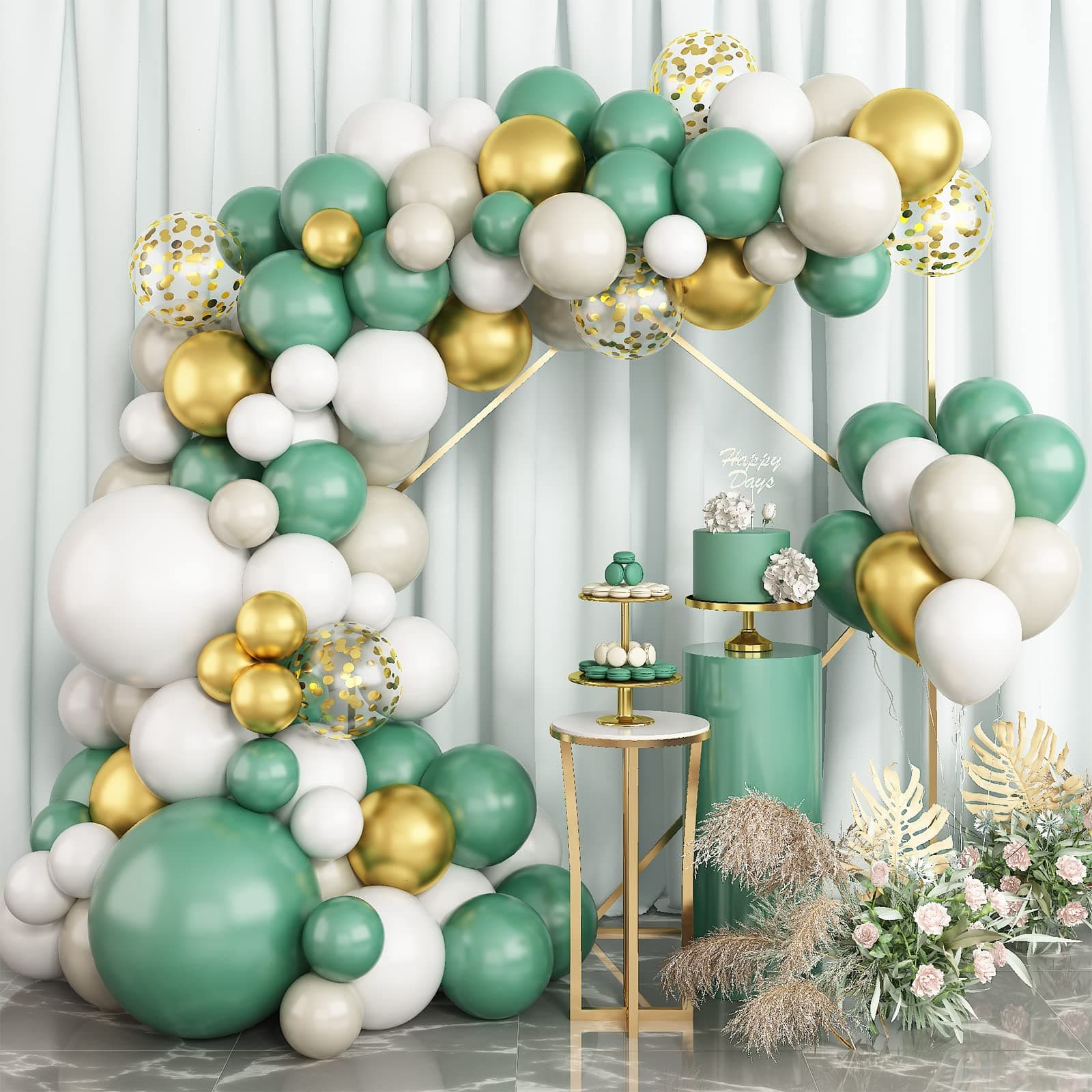 Green and White Balloon Arch Kit With Sage and Metallic Gold Balloons for Birthday, Wedding, Hen Party, Baby Shower Decorations
