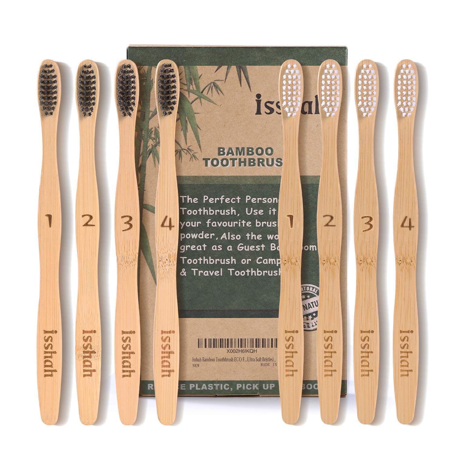 Isshah Bamboo Toothbrush ECO Friendly Organic Charcoal Infused BPA Free(Ultra Soft Bristles)，Pack of 6
