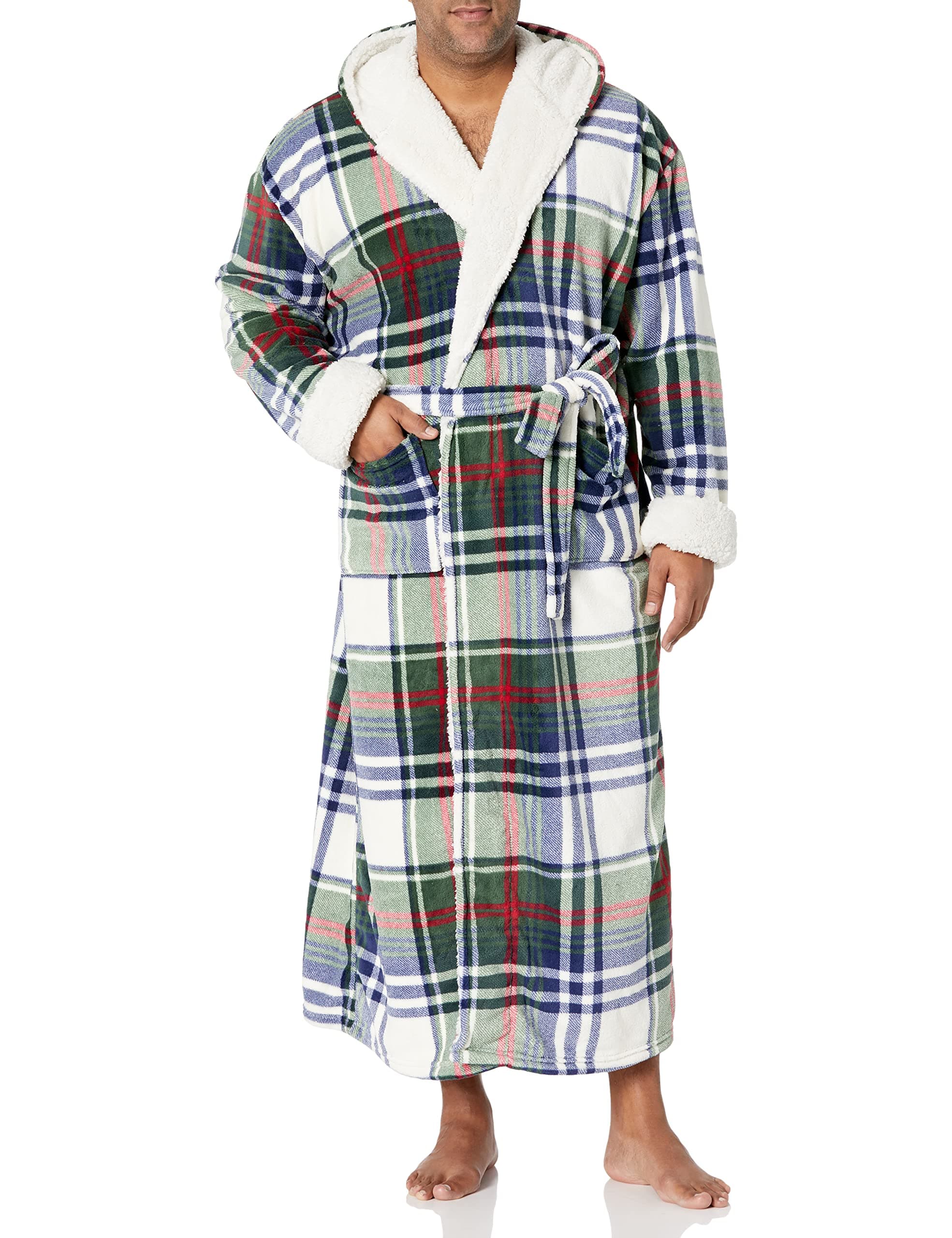 Alexander Del Rossa Men’s Robe, Big and Tall Plush Fleece Hooded Bathrobe with Two Large Front Pockets and Tie Closure, Christmas Plaid Green with Blue, Large-XL