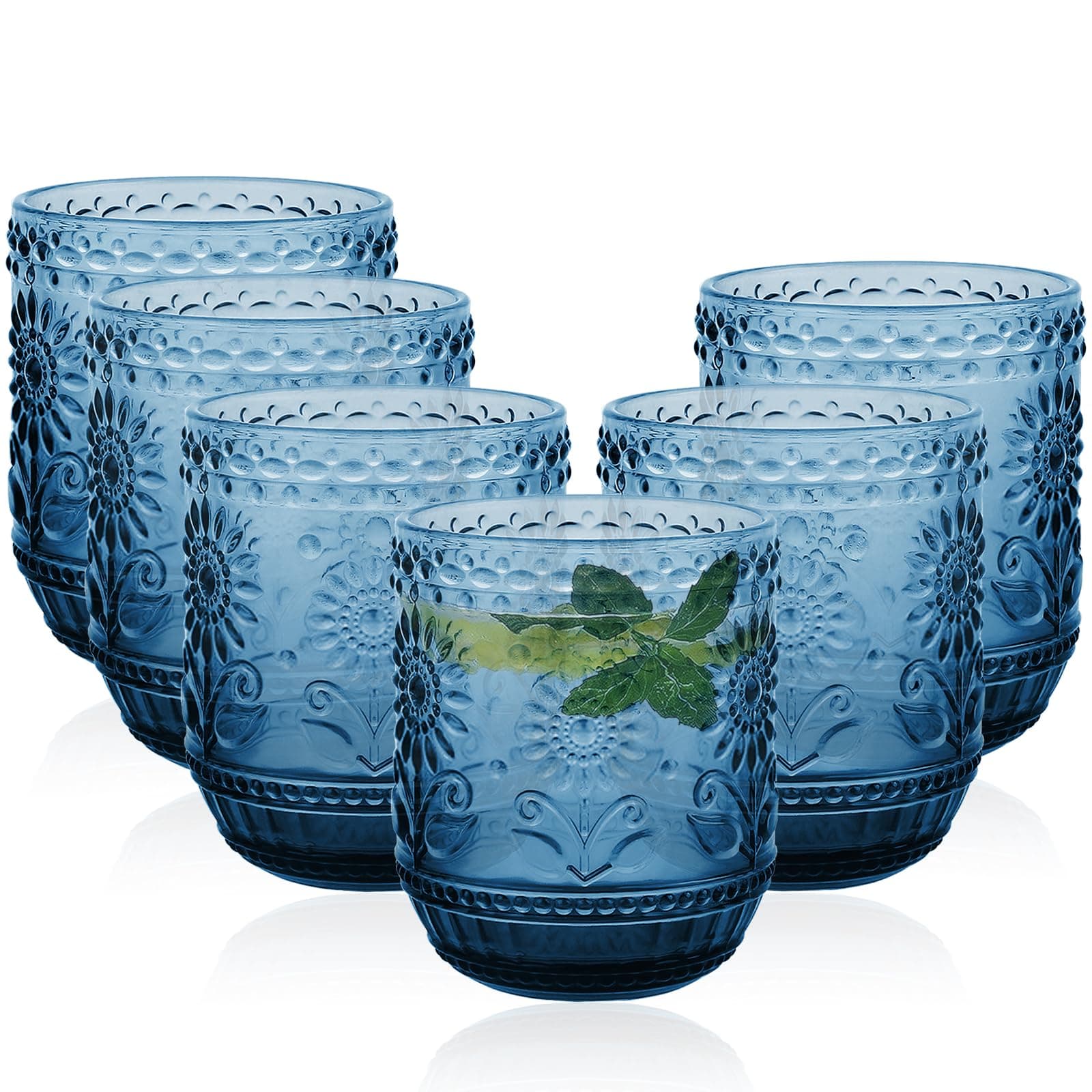 Drinking Glasses Set of 6-360ml/12oz Vintage Tumbler Glasses - Decorative Floral Embossed Water Glasses - Heavy Duty Glassware Beverages Tumblers for Whisky, Beer, Juice, Wine, Blue