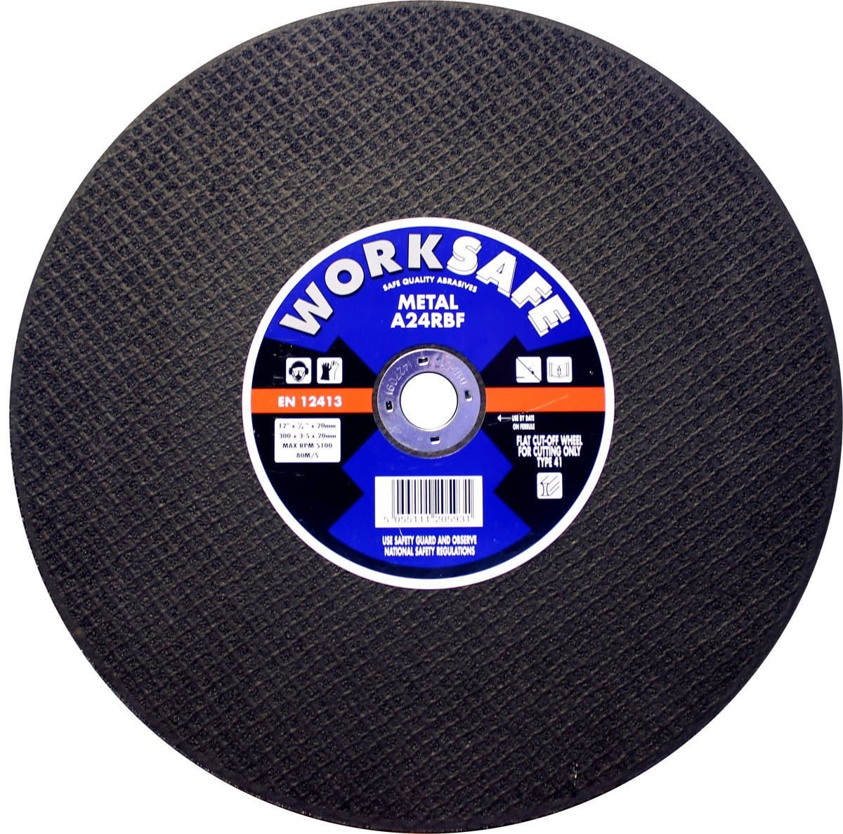 Worksafe A24RBF 12" / 300mm, 3.2mm Flat Metal Cutting Discs, Cut-Off Wheel, 20mm Bore, Type 41, Pack of 5