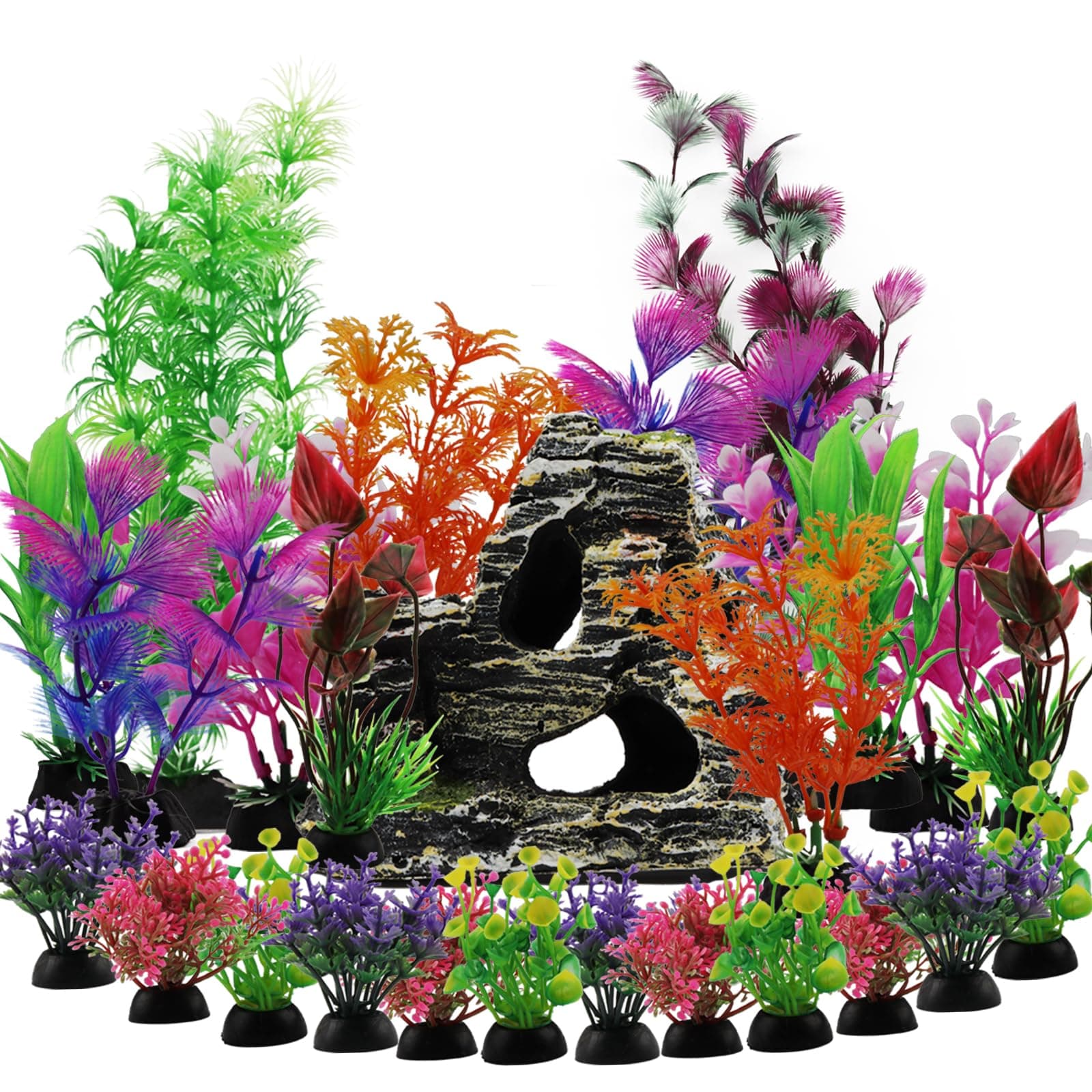 25pcs Aquarium Decorations Plants with Rockery View, Aquarium Decor Plastic Plants and Rock Cave Hideout Ornaments, Fish Tank Accessories Plants for aquariums