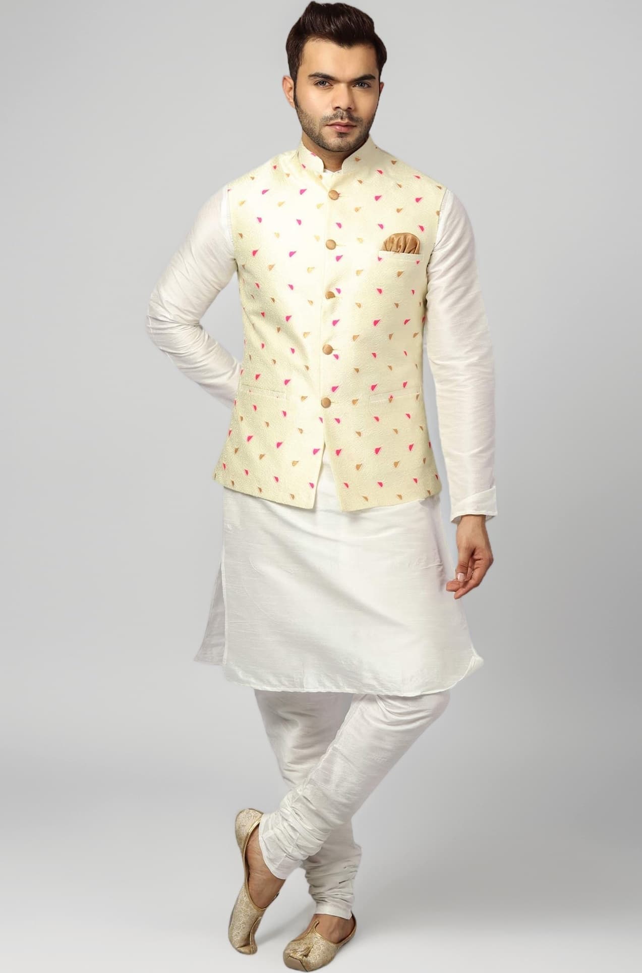 Men's Silk Blend Kurta Pajama with Designer Ethnic Nehru Jacket/Modi Jacket