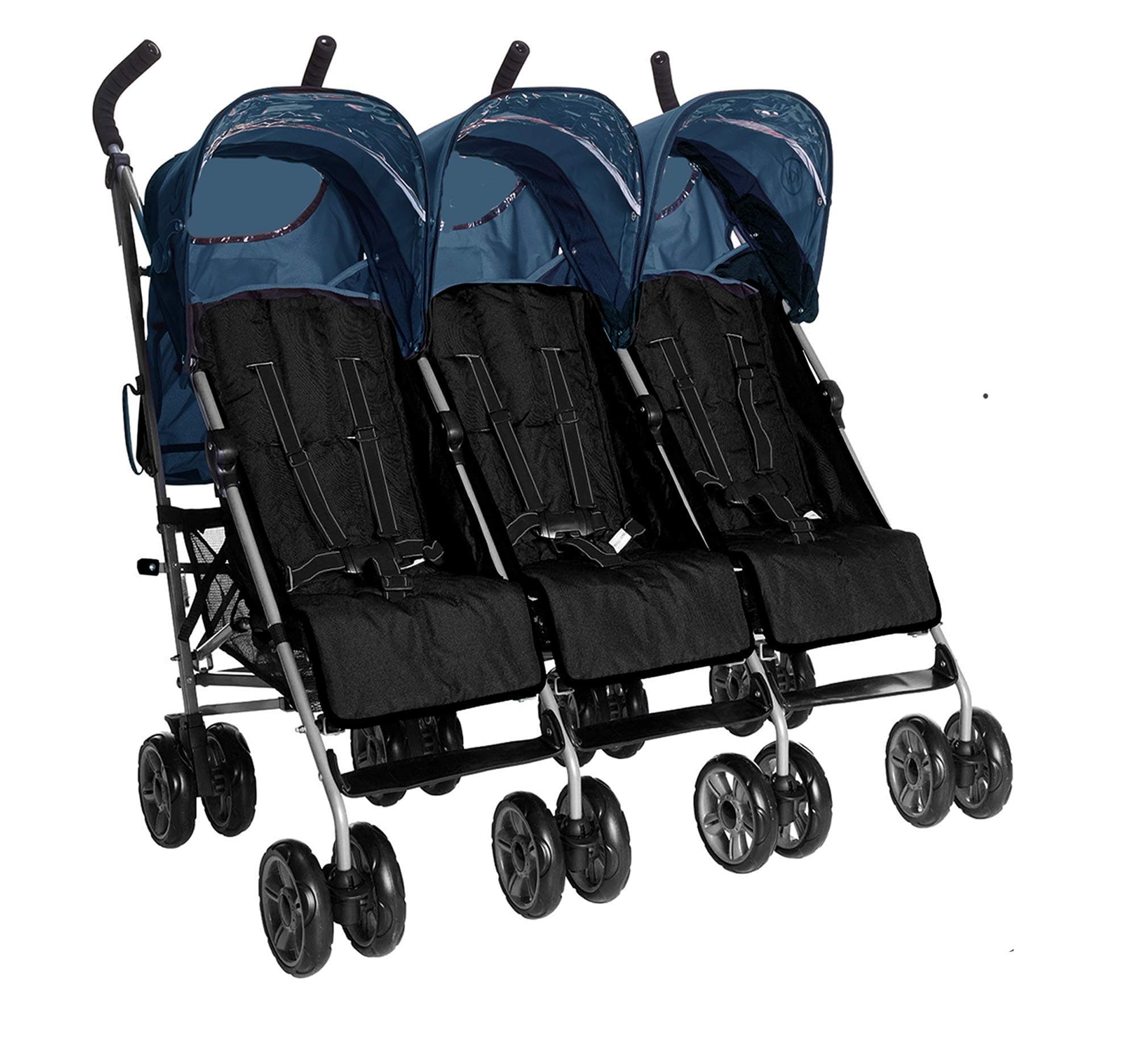 Triple Pushchair With Raincover & Safety Strap Reflector Strips - Blue
