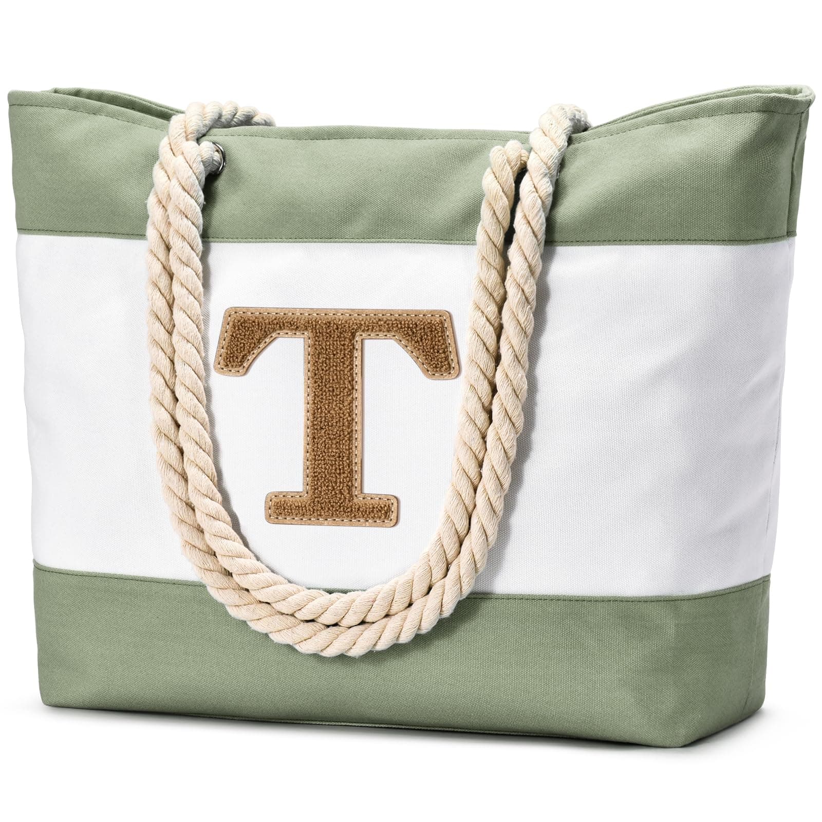 Becokan Initial Beach Bag Waterproof Canvas Beach Tote Bag Zipper Personalized Gifts for Women Her Birthday Travel Essentials