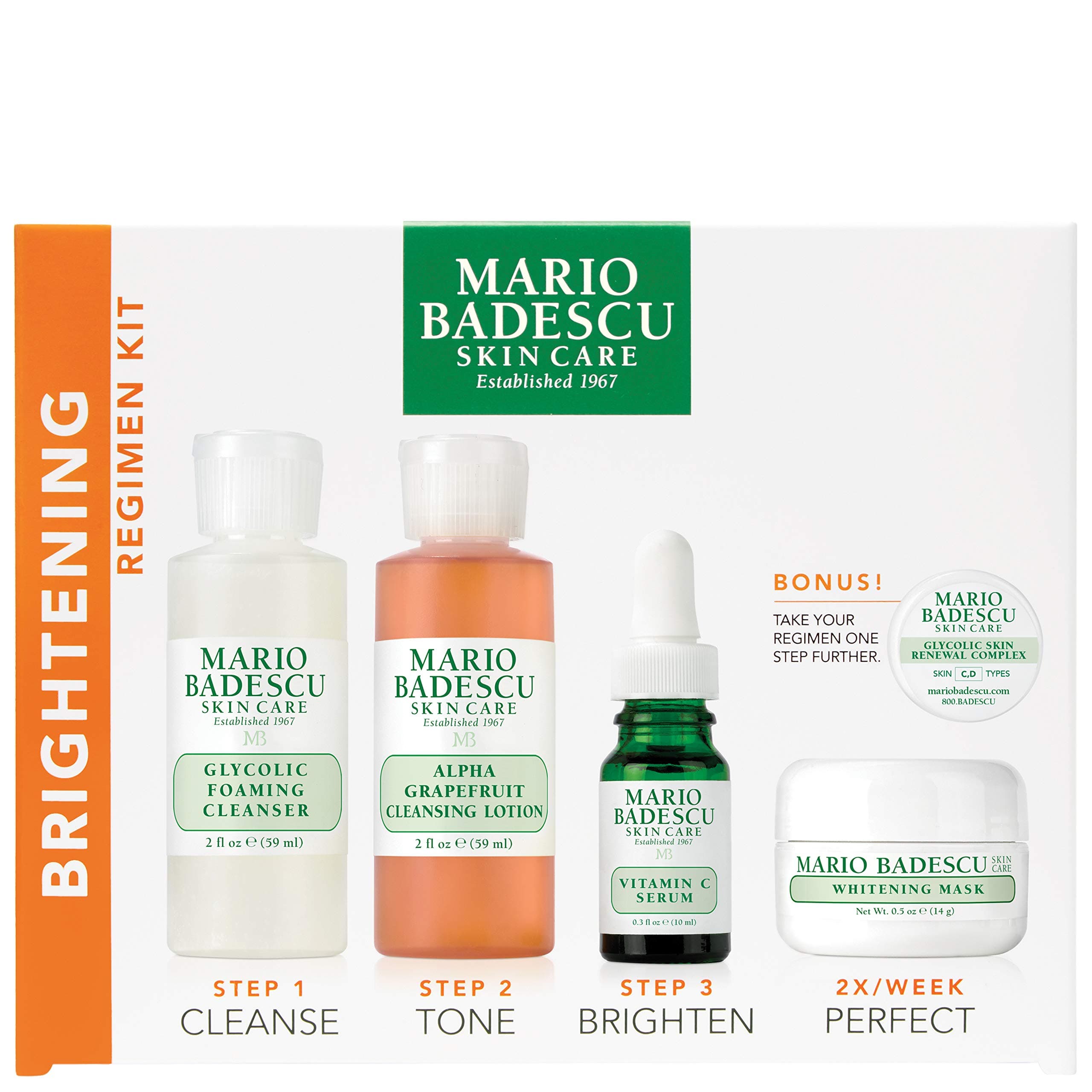 Mario BadescuThe Brightening Kit, 5 Piece Kit With Glycolic Foaming Cleanser, Alpha Grapefruit Cleansing Lotion, Vitamin C Serum, Whitening Mask & Glycolic Skin Renewal Complex