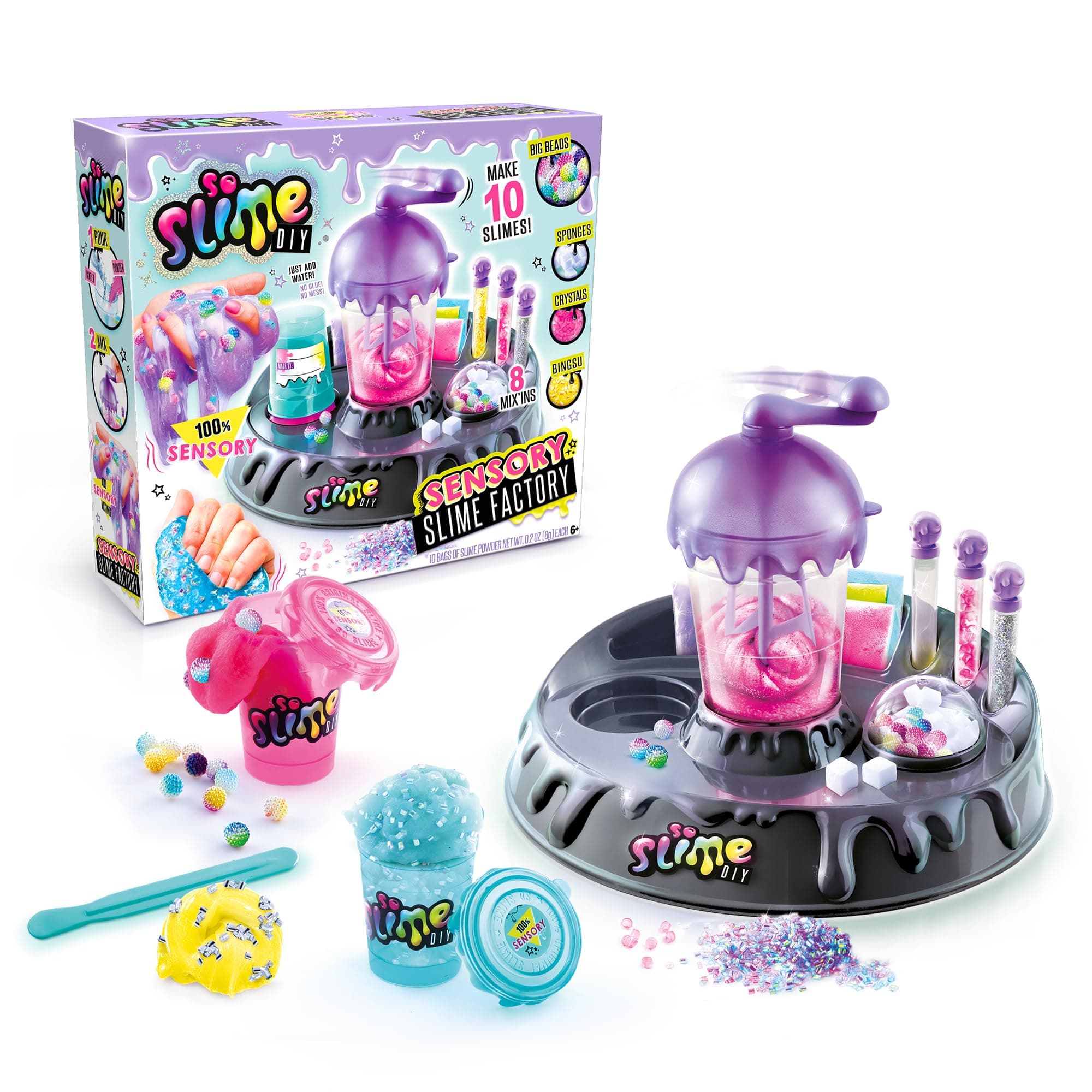 So Slime DIY Sensory Factory; Makes 10 Slime Sheets; No Glue; No Mess, Creates ASMR Sensory Sensation with Sensory Mixins; Simply Add Water and Turn Crank; Includes Slime Storage Container