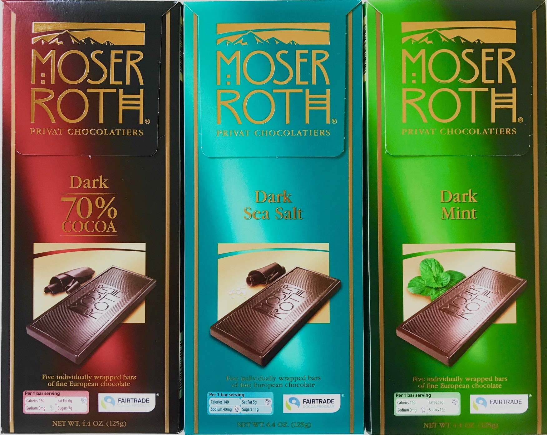 German Dark Chocolate Bundle of 3 Varieties. Moser Roth Dark Sea Salt, 70% Cocoa and Dark Mint Pack of 3. Low Sugar Gourmet Candy Bars. Good for the Waist Line and Chocolate Lovers! From Germany!