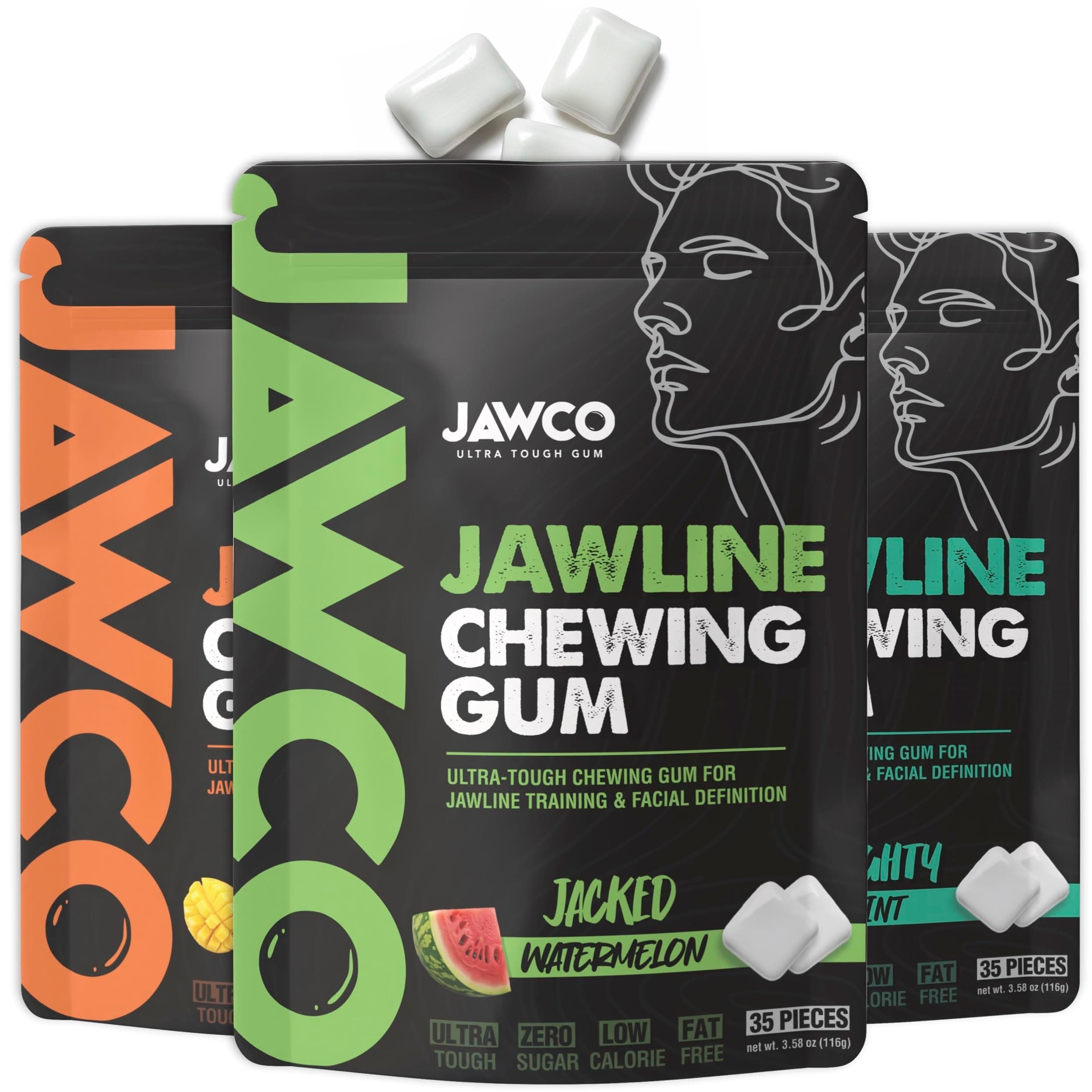 JAWCO Ultra-tough Jawline Chewing Gum Variety 3-Pack | Get a Stronger, Squarer Jawline | Jaw Training Hard Gum | Chisel, Sculpt, Tone your Jaw | 15X Hardness | Facial Fitness Mewing Gum (Variety 3