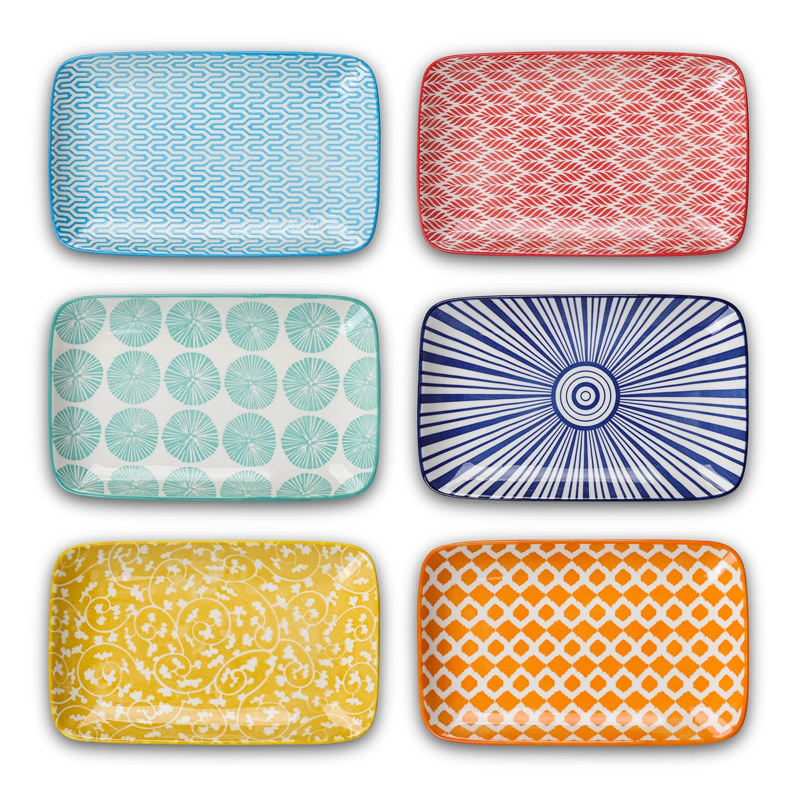 Ceramic 8 inch Rectangular Salad Plates, Dinner Plates, Pasta Dessert Plates for Appetizer, Sushi, Fruit - Microwave/oven/Dishwasher Safe, Set of 6, Assorted Colors