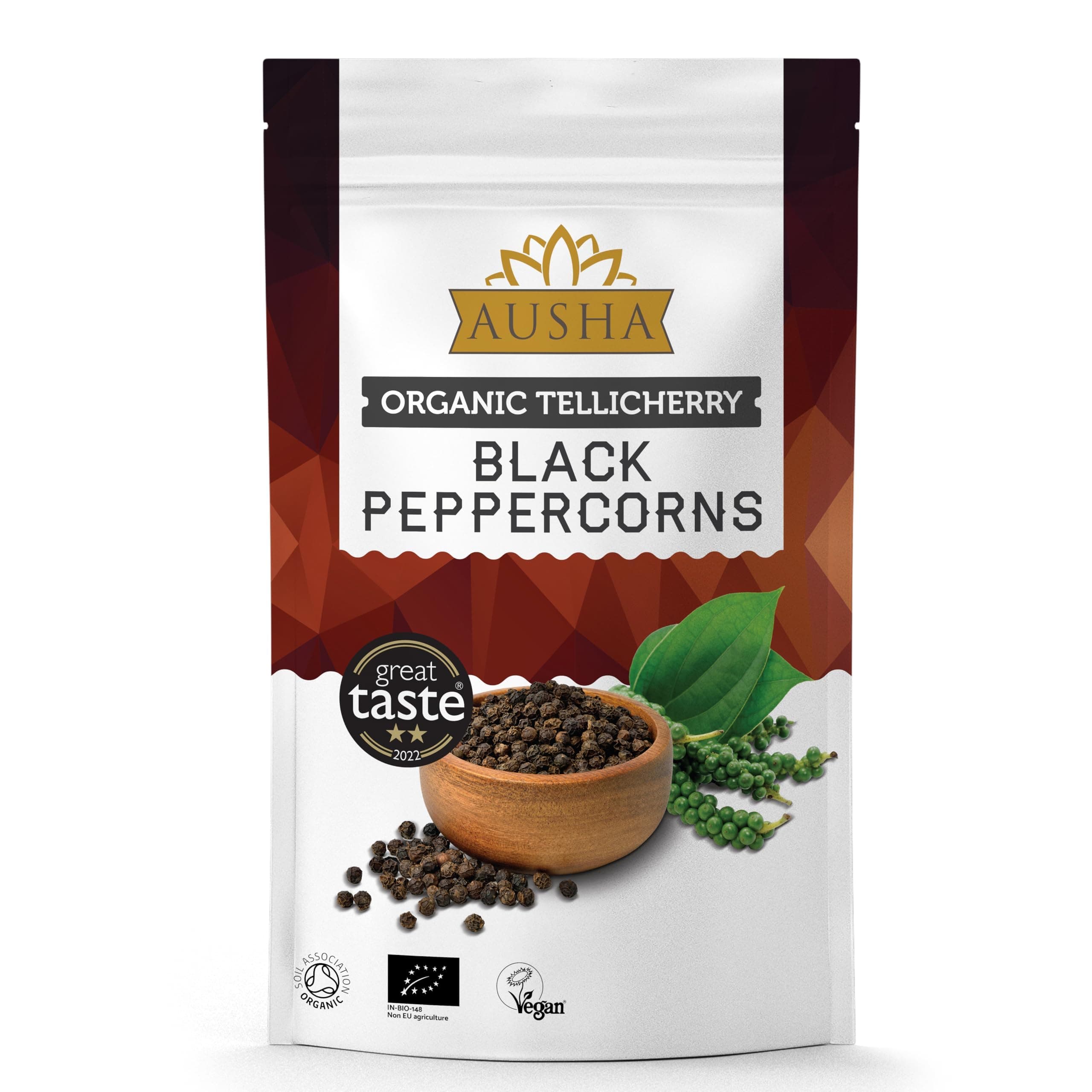 Ausha Organic Tellicherry Black Peppercorns Whole 1kg - 2** GREAT TASTE AWARD - UK Certified Organic - For Cooking and Grinding - Tellicherry Garbled Special Extra Bold Black Peppercorns