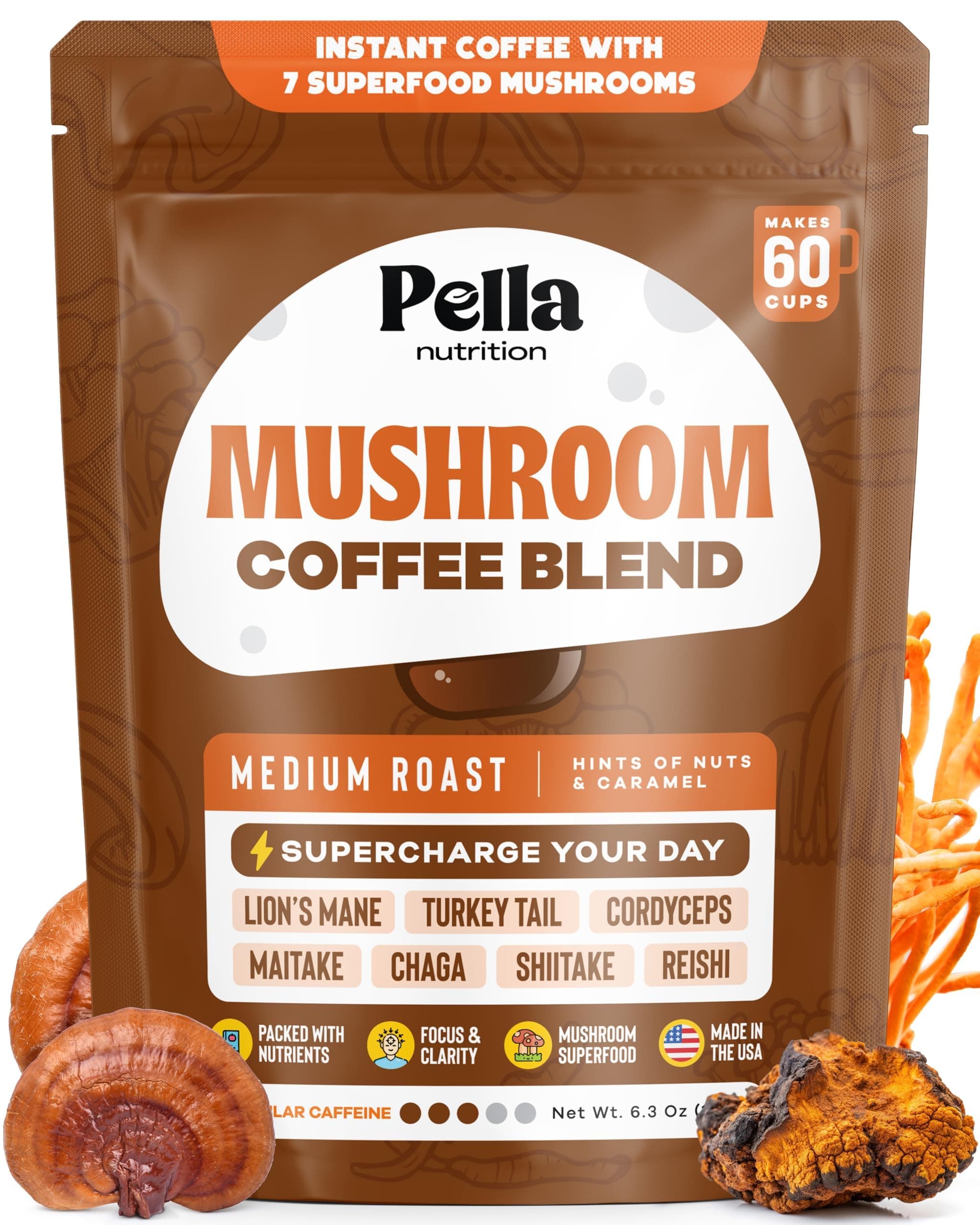 Pella Nutrition Organic Mushroom Colombian Instant Coffee (60 Servings) with 7 Superfood Mushrooms, Great Tasting, Includes Lion's Mane, Reishi, Chaga, Cordyceps, Shiitake, Maitake, and Turkey Tail