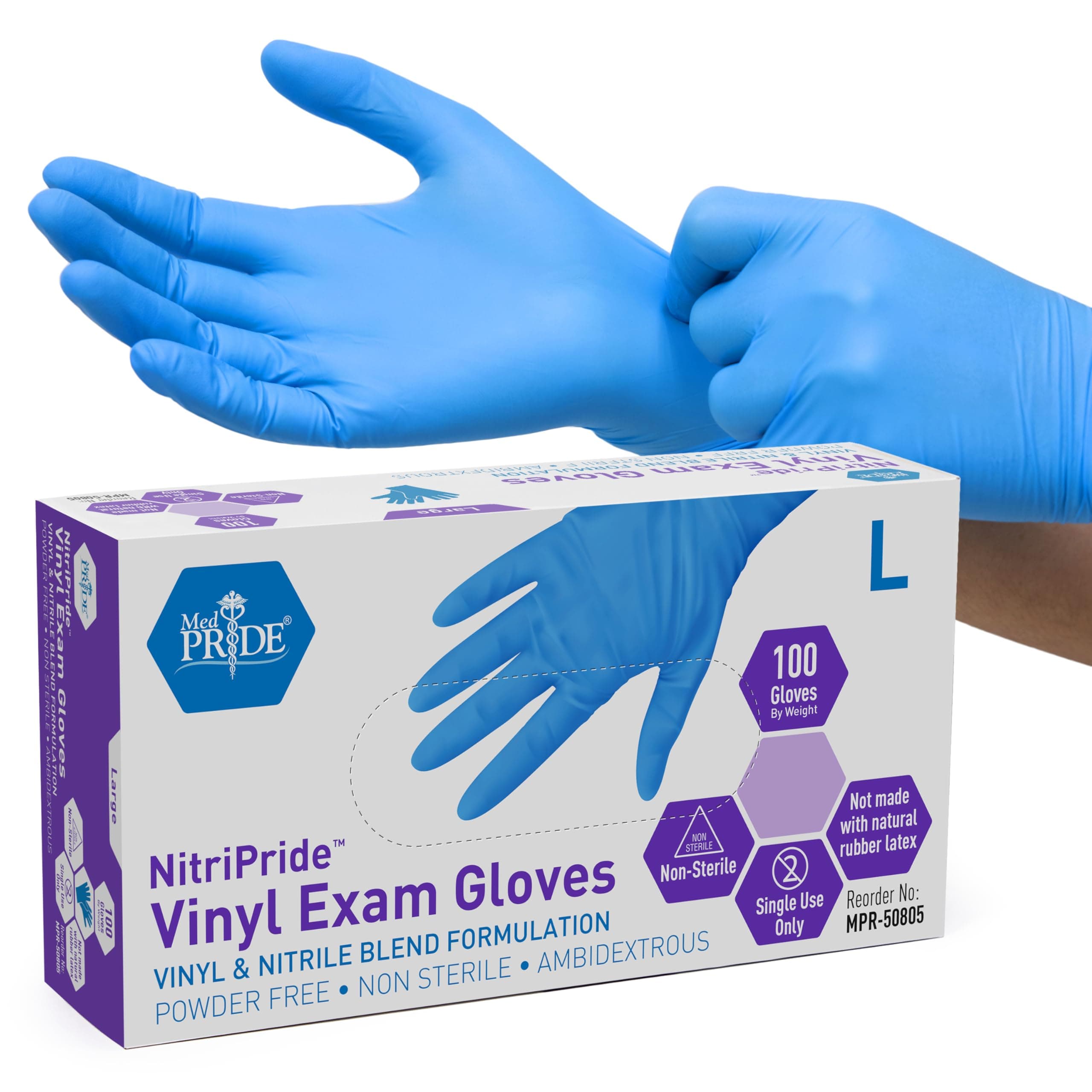 MED PRIDE Synthetic Nitrile-Vinyl Blend Exam Gloves, Large 100 - Powder Free, Latex Free & Rubber Free - Single Use Non-Sterile Protective Gloves for Medical Use, Cooking, Cleaning & More