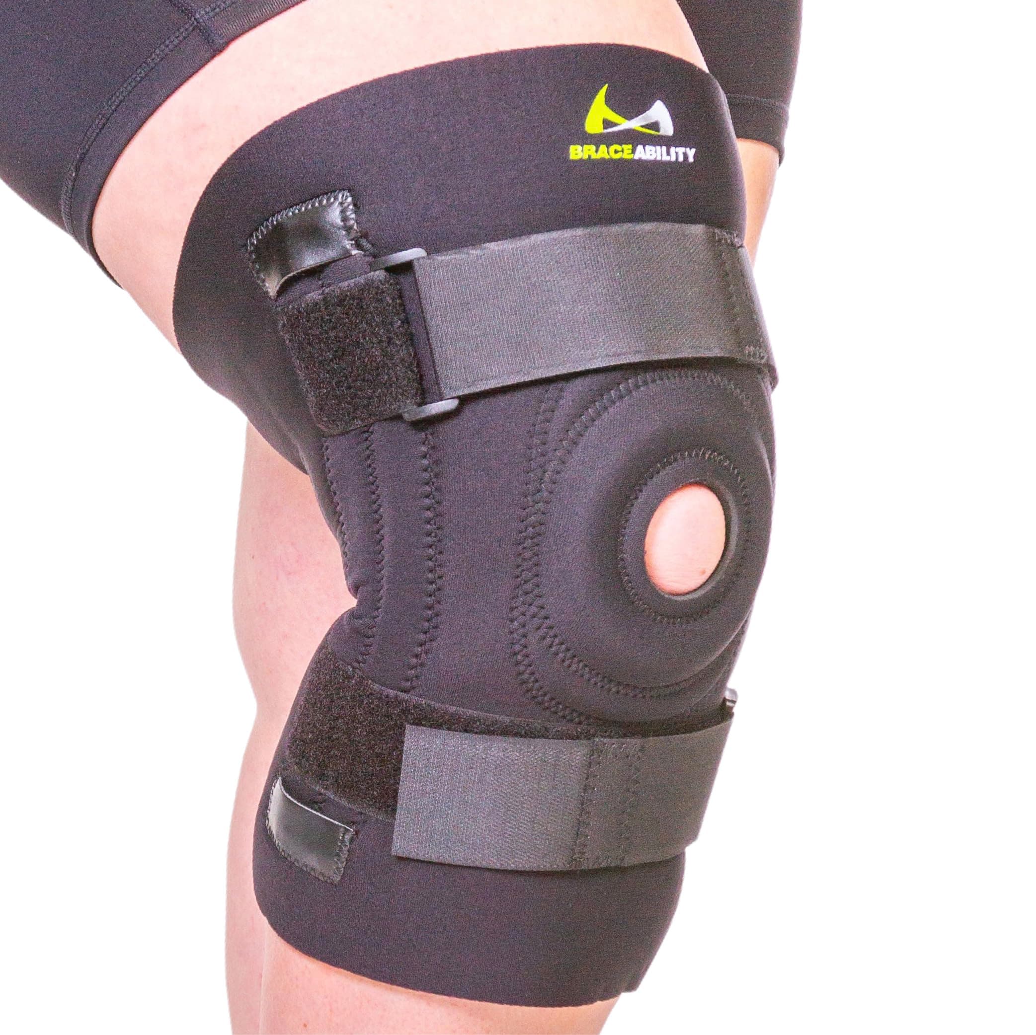 L : BraceAbility Knee Brace for Large Legs and Bigger People with Wide Thighs - Kneecap Protection Pad Treats Patellar Tendonitis, Chondromalacia, Patellofemoral Pain, Instability & Dislocated Knees - L