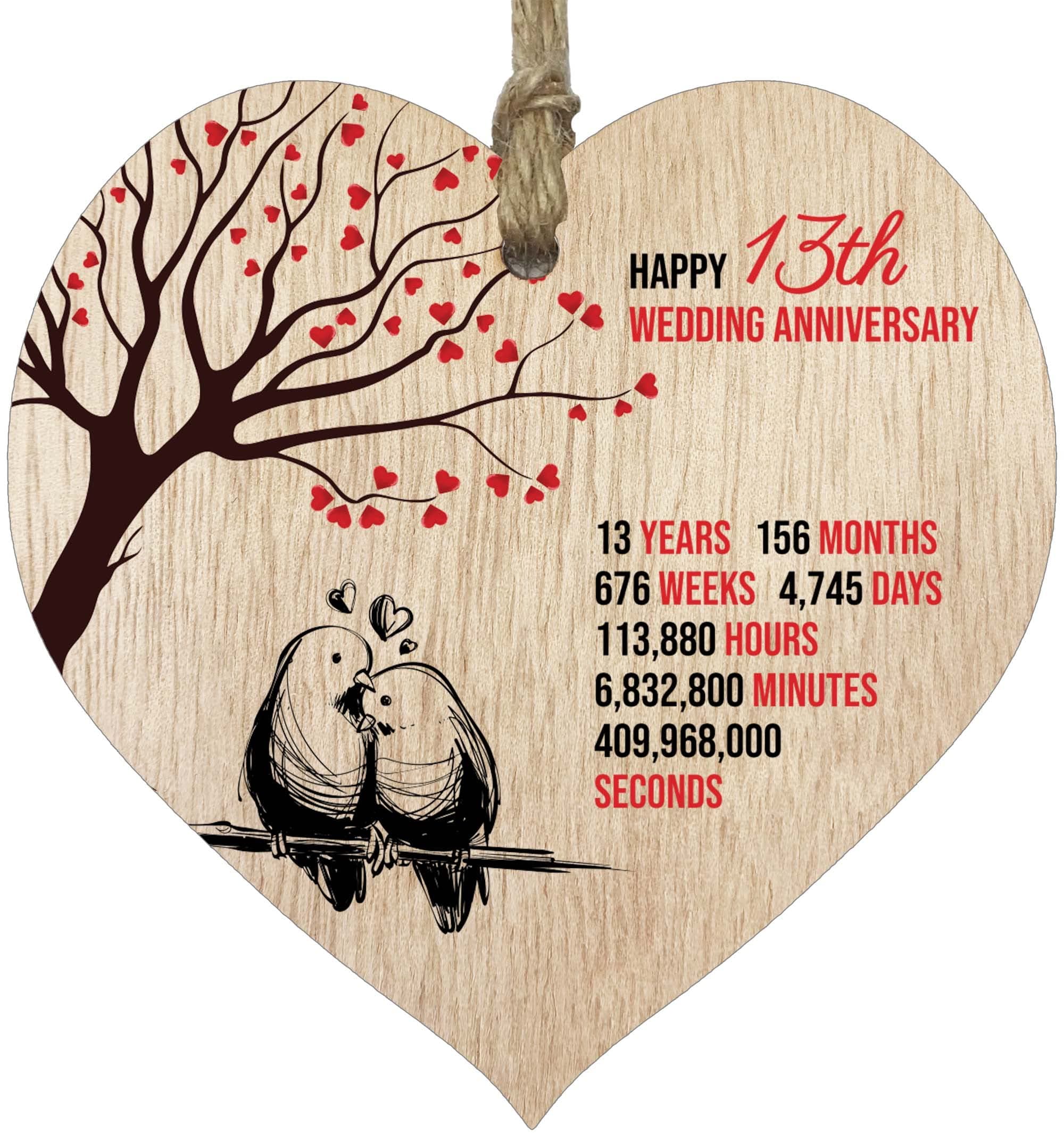 Stuff4 13th Wedding Anniversary Wooden Heart Plaque, Light Wood Sign Keepsake, Celebrate Lace Anniversary Wife Husband Boyfriend Girlfriend, Plaque with Quotes Gifts from the Kids