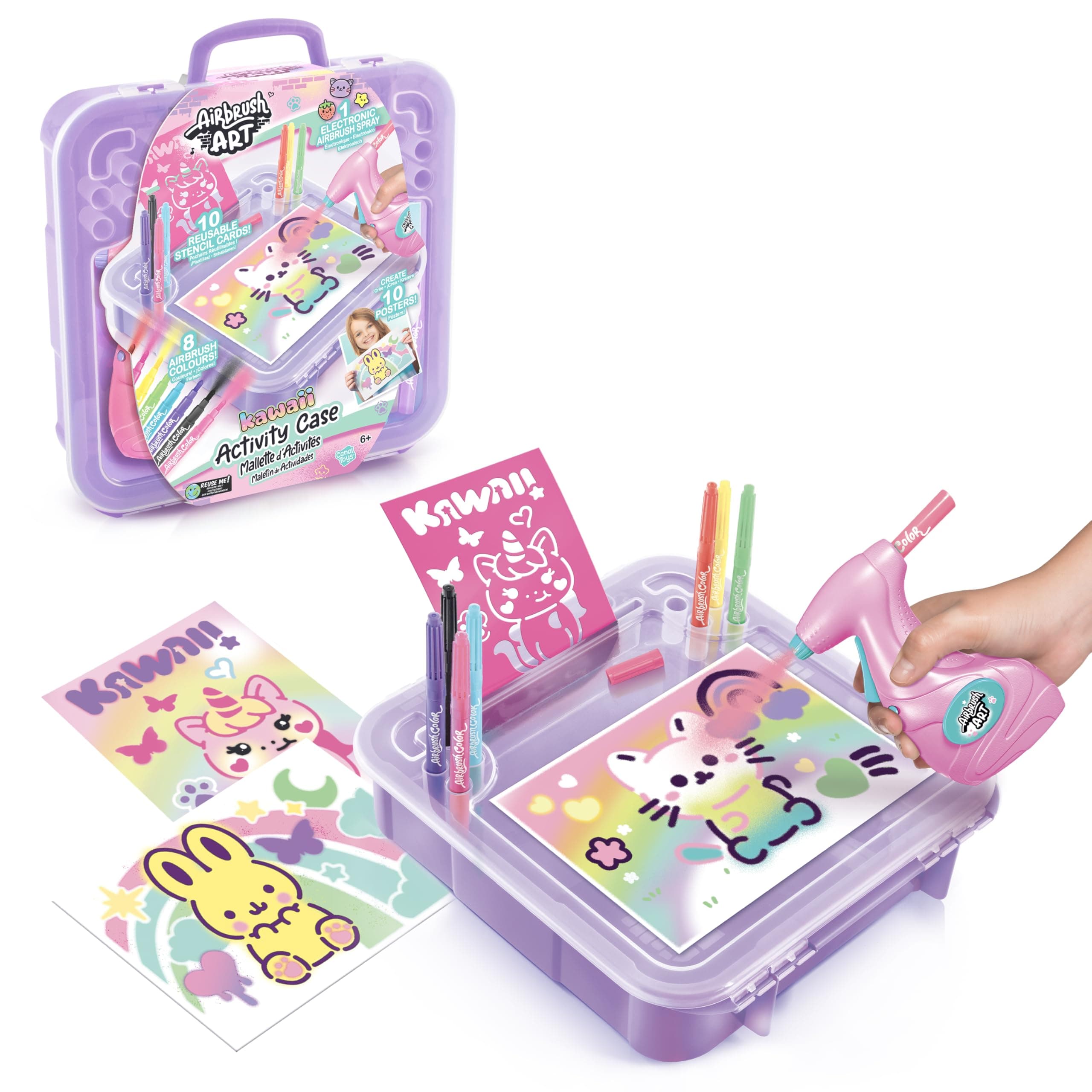 Airbrush Art Activity Case | Customise Posters with an Electronic Airbrush Tool Using Washable Chalk Pens - Childrens Gift Ages 6+ | Arts and Crafts Toy, 8 Colours + 10 Stencils | Styles May Vary