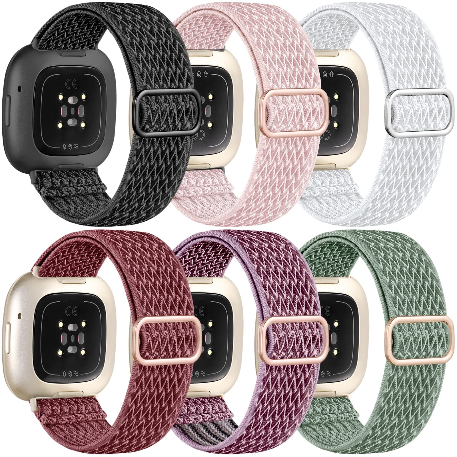 Elastic Band Compatible with Fitbit Versa 4 Bands/Sense 2/Sense/Versa 3 Bands for Women Men, Adjustable Stretchy Nylon Solo Loop Sport Strap Compatible with Fitbit Smartwatch, 6 Packs