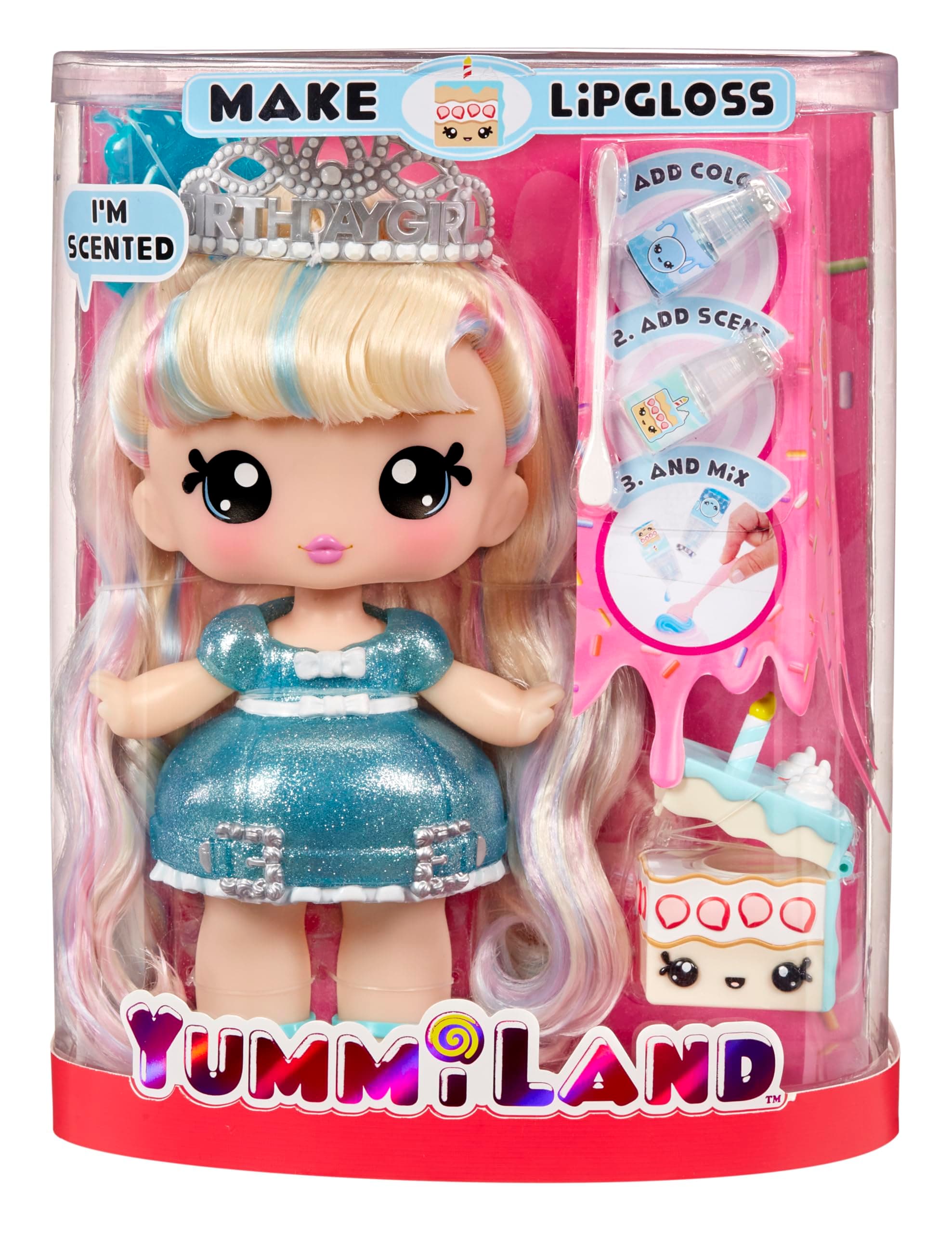 Yummiland Large Doll + Lipgloss Pet- Callie Birthday Cake, Age 4+