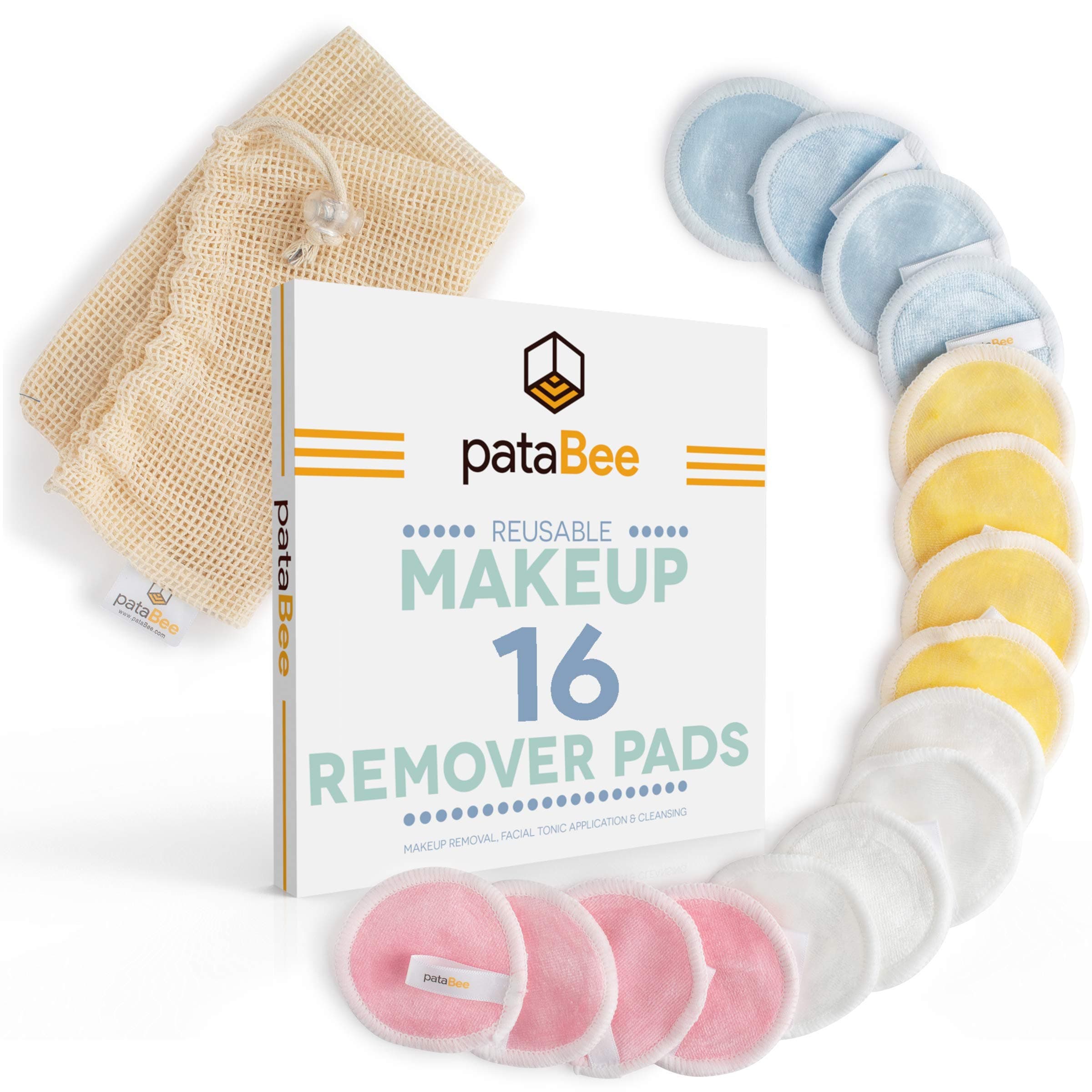 Reusable Makeup Remover Pads Pure Cotton - 16 Pack Bamboo Velour Face Wipes with Mesh Laundry Bag - PataBee Zero Waste Eco-Friendly Natural Face & Skin Care - Sustainable Facial Toner Cleansing Rounds
