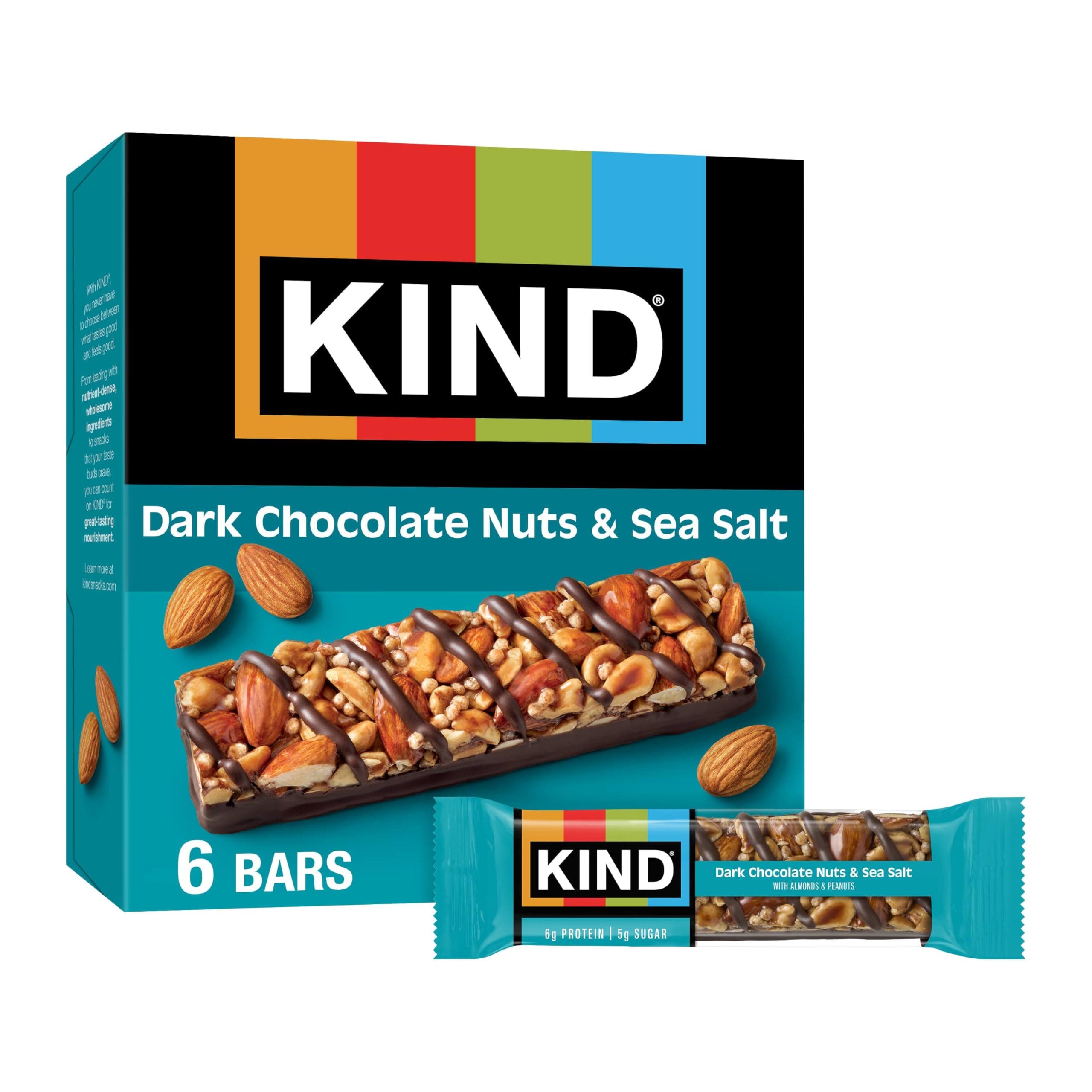 Nut Bars, Dark Chocolate Nuts and Sea Salt, Healthy Snacks, Gluten Free, Low Sugar, 6g Protein, 6 Count
