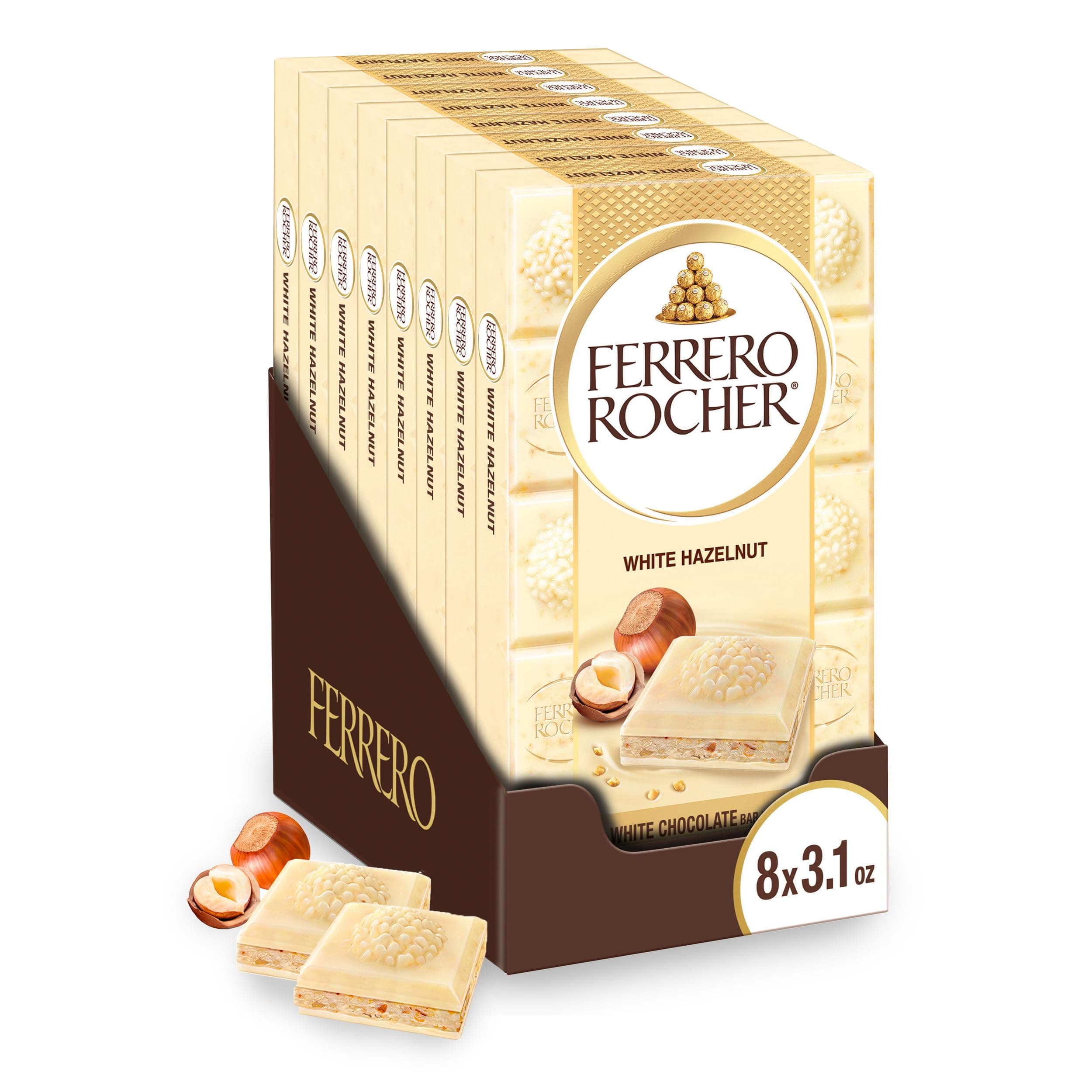 Ferrero Rocher Premium Chocolate Bars, 8 Pack, White Chocolate Hazelnut, 3.1 oz Each