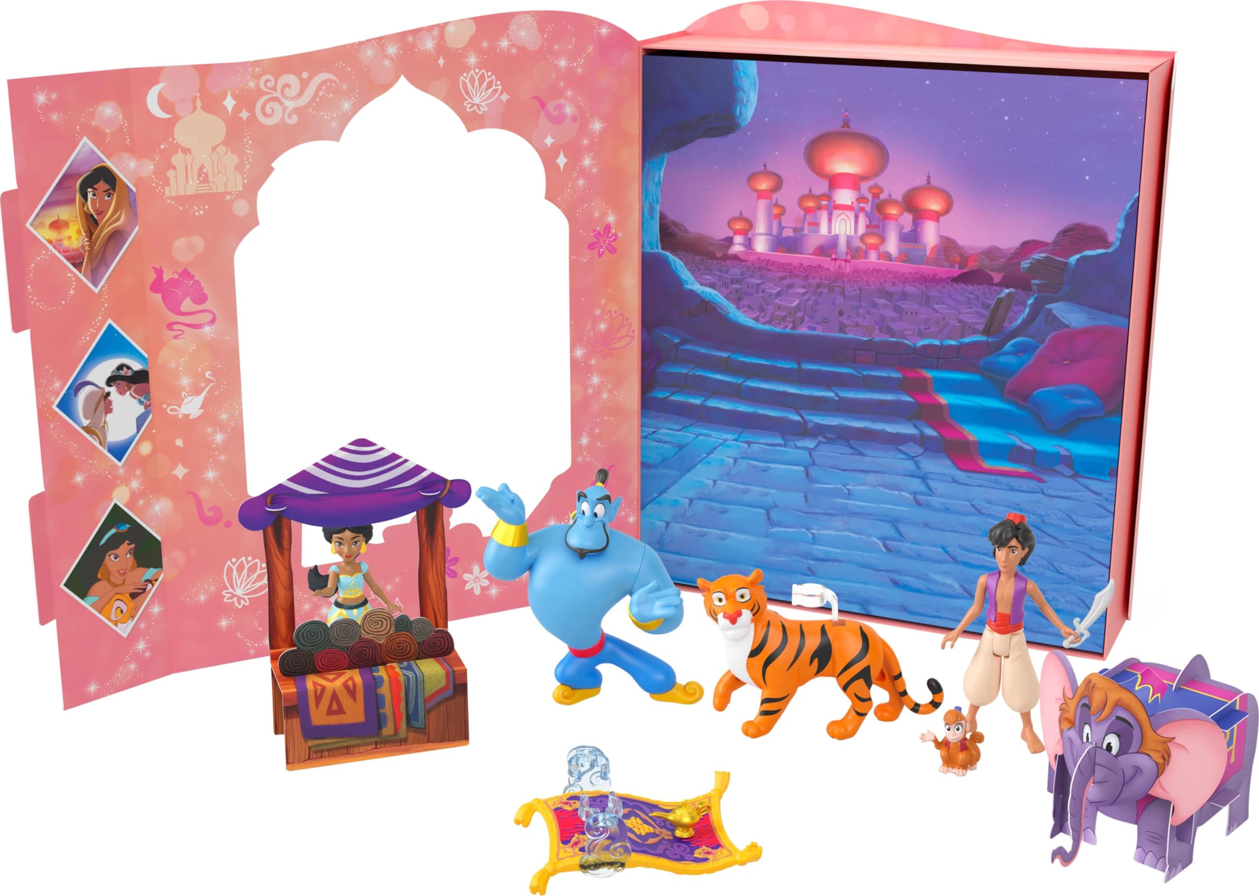 Mattel Disney Princess Toys, Jasmine Classic Storybook Set with 6 Characters Including Jasmine, Aladdin & Genie Small Dolls, Inspired by Disney's Aladdin Movie