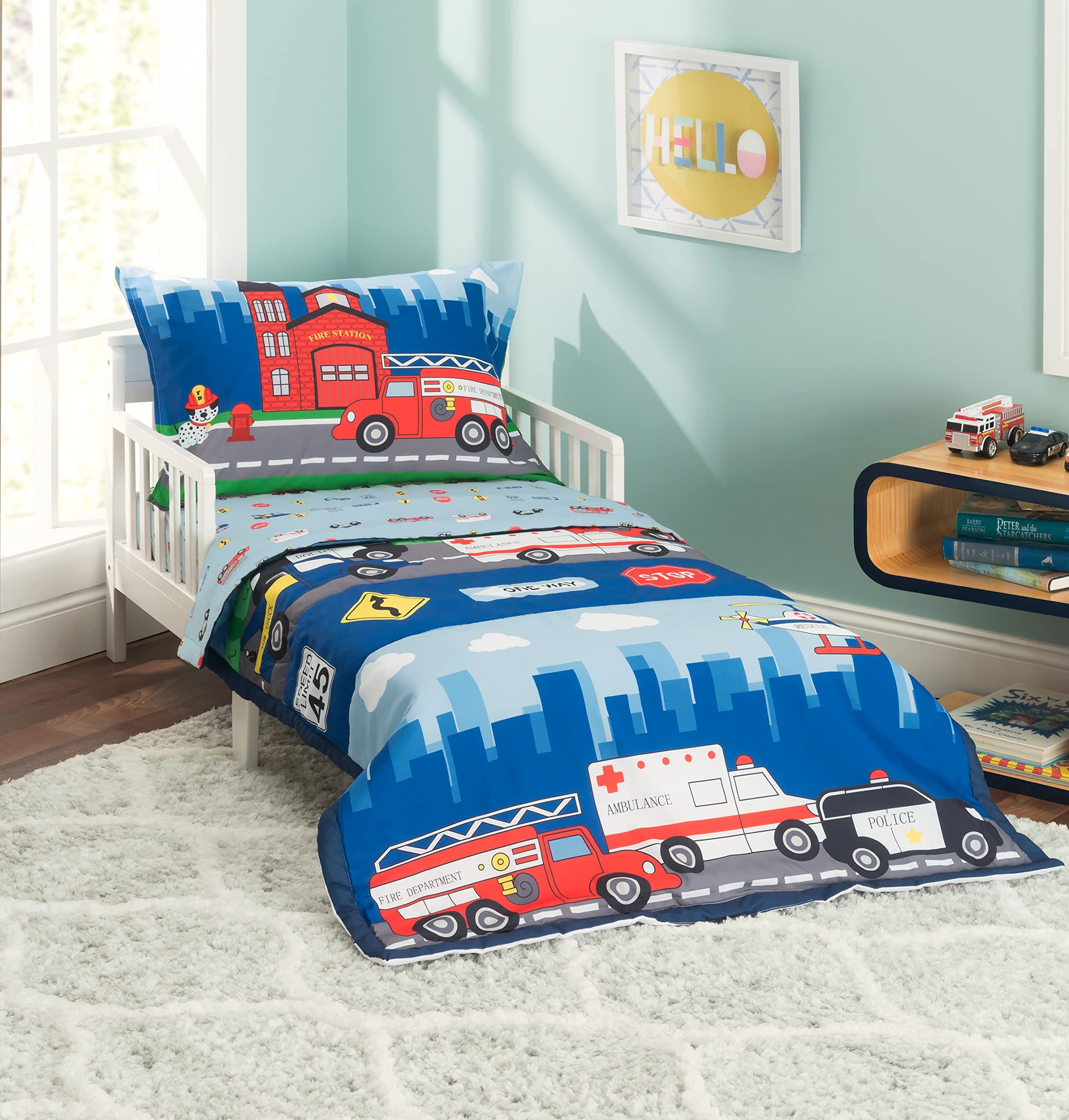 4 Piece Toddler Bedding Set -Fire and Police Rescue- Includes Comforter, Flat Sheet, Fitted Sheet and Reversible Pillowcase