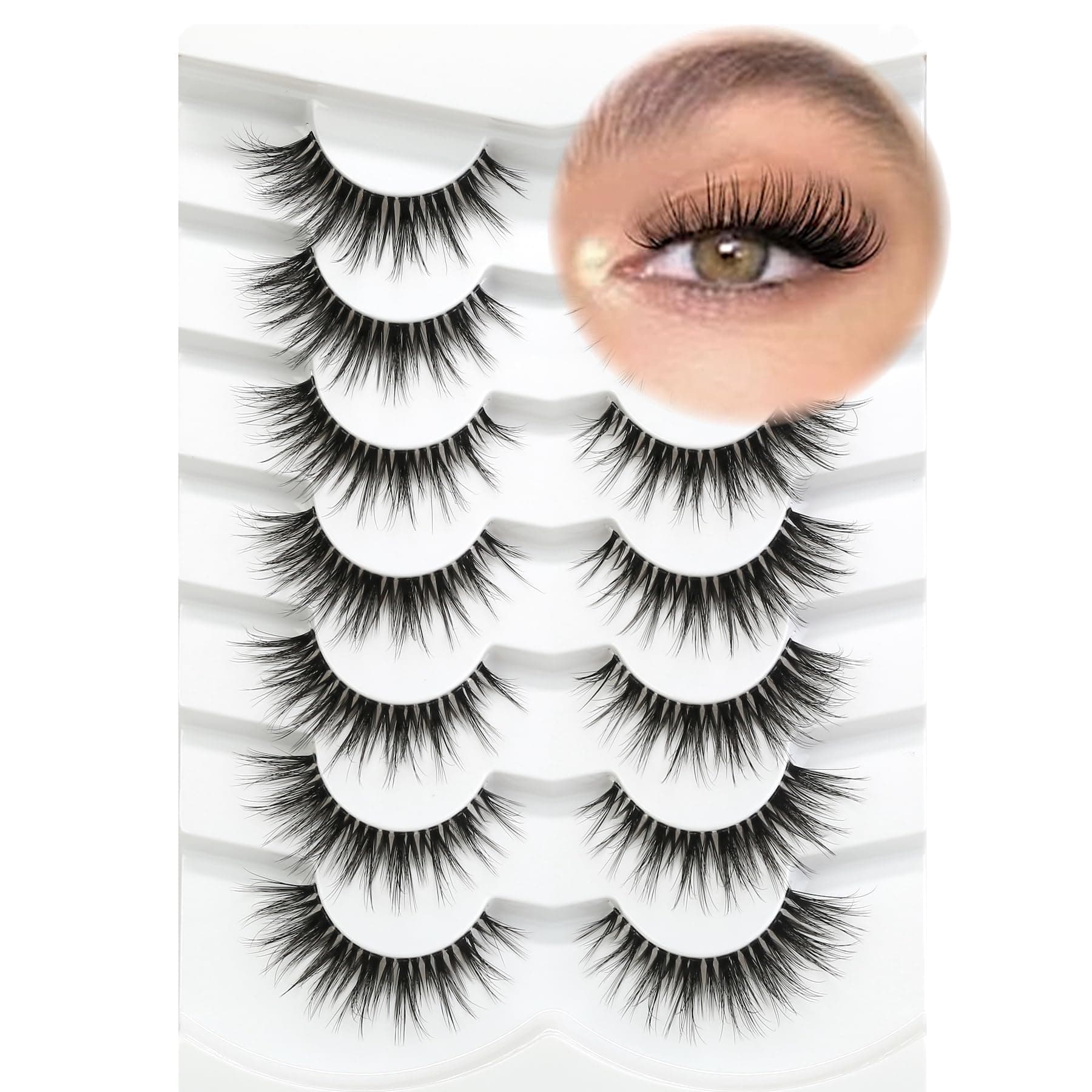 3D Clear Band Lashes 14mm Natural Soft Faux Mink Lashes C/D Curl Cat Eye Wispy Fake Eyelashes Short Cross Reusable False EyeLashes 7 Pairs (No.219)