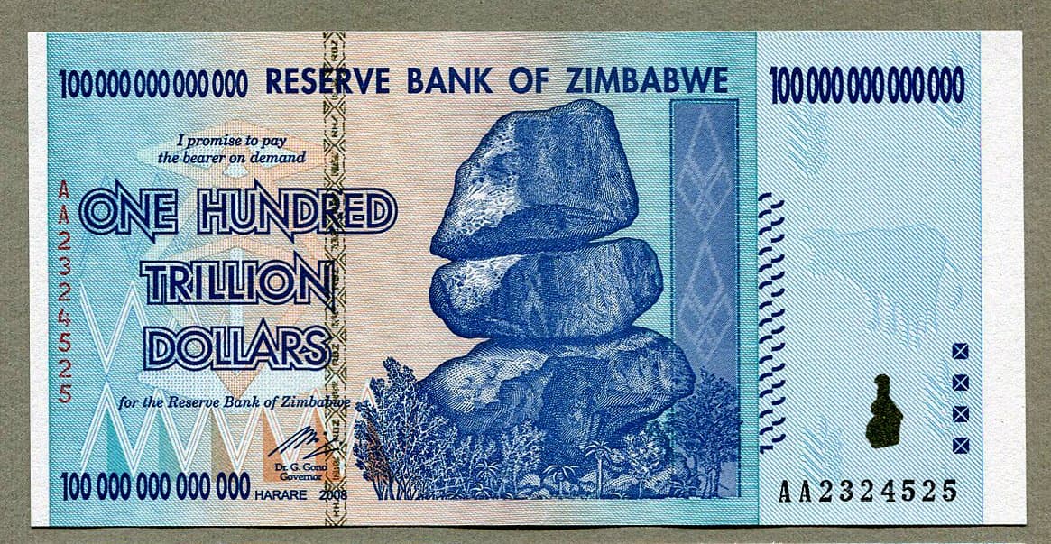 ZWD Reserve Bank of Zimbabwe Z$ Dollar Banknote - 100 Trillion Dollars - MINT NEW CONDITION