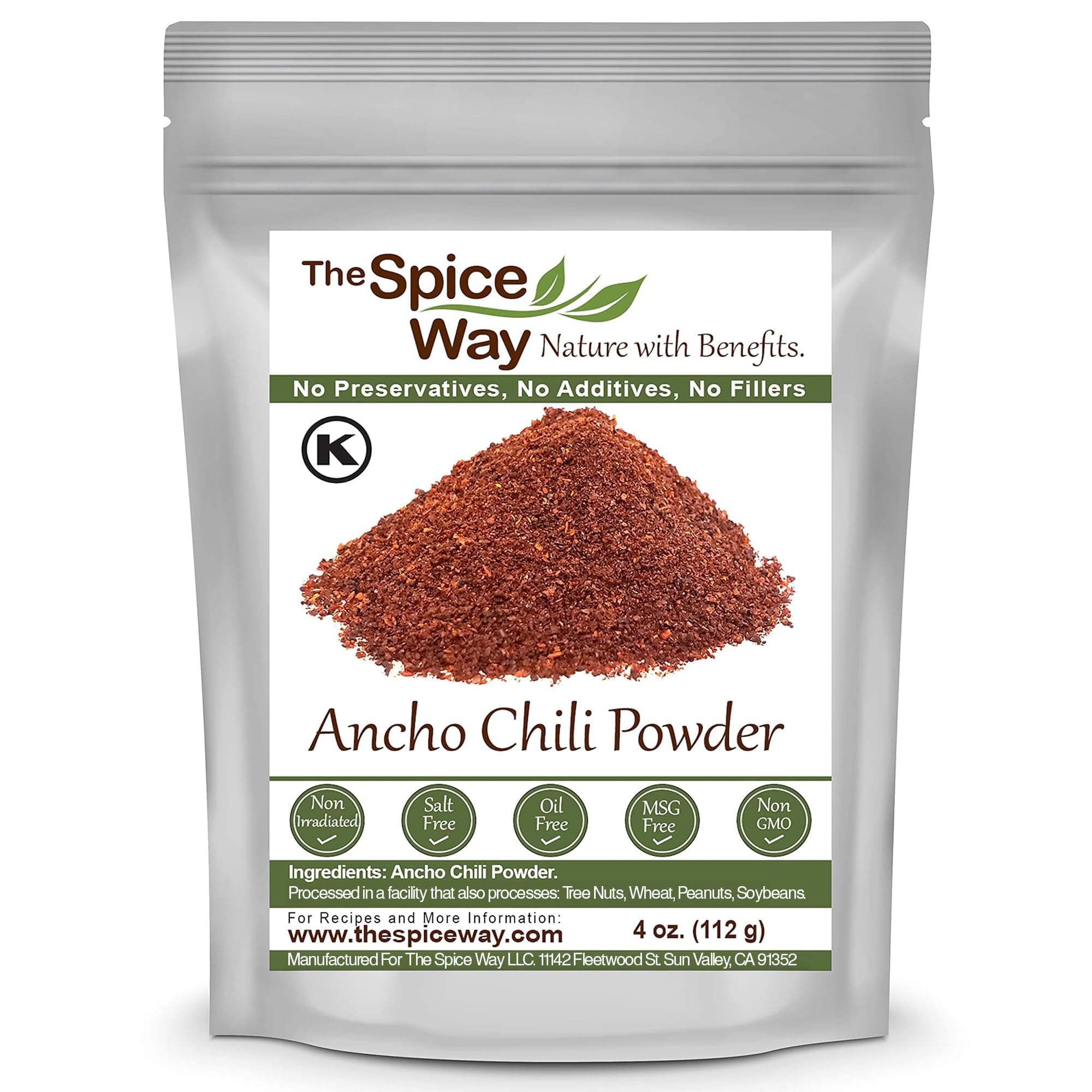 The Spice Way Premium Ancho Chile - Pure chili powder (4 oz) made from pure dried peppers with no additives, no agents. resealable bag