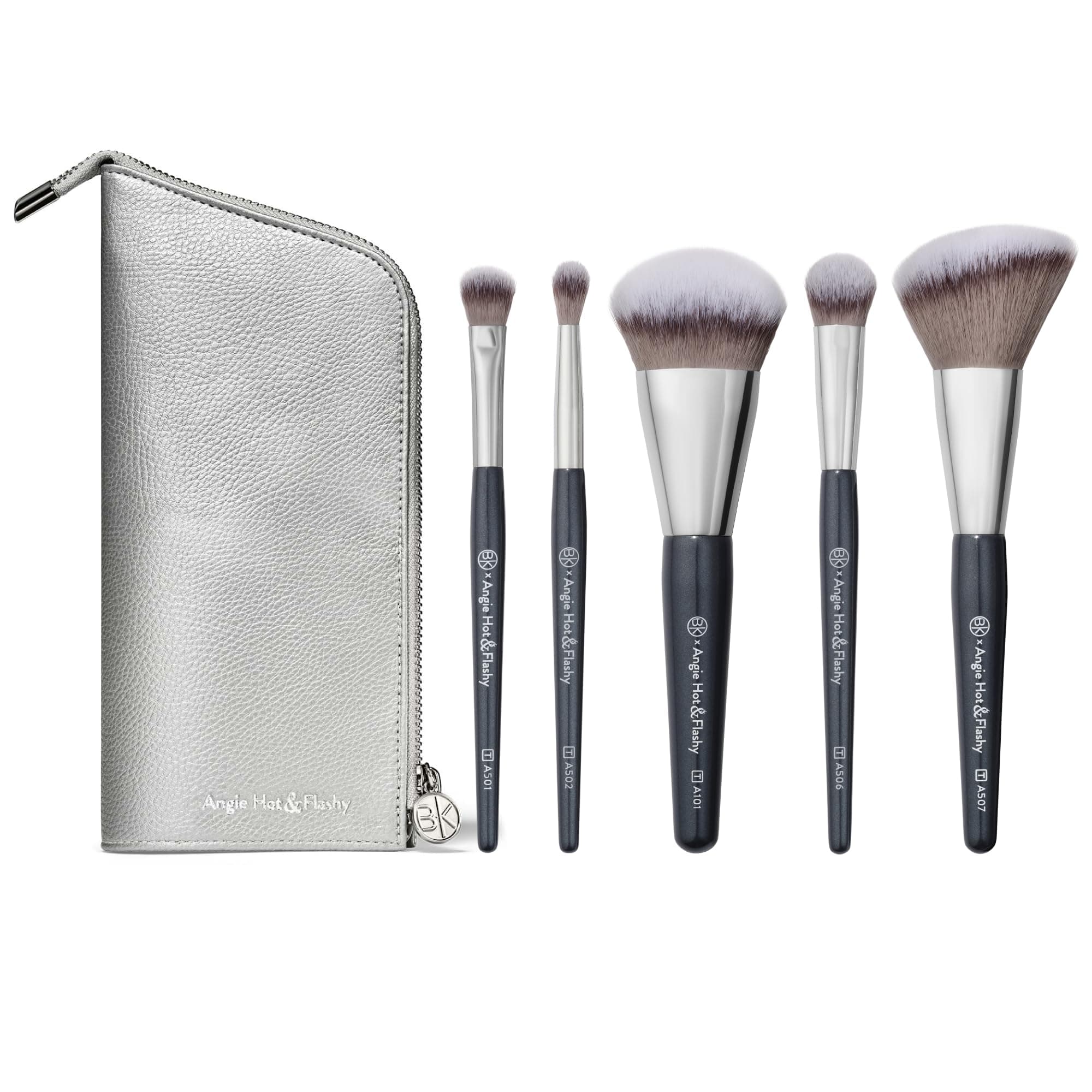 BRUSHES - ANGIE HOT & FLASHY Travel Brush Set with Pouch - Foundation Makeup Brushes - Brush for Liquid or Cream Foundations - Under-Eye Concealer | Bronzer, Blush & Highlighter Makeup Brush
